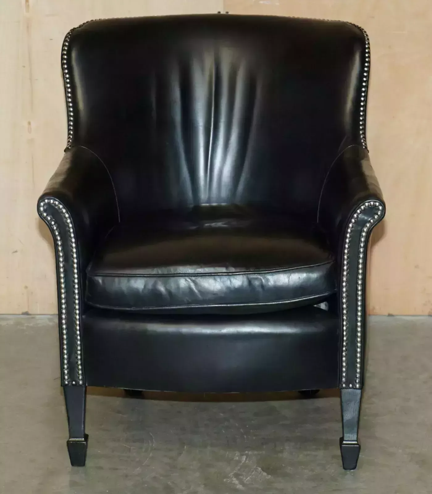 Pair Of Vintage Black Leather Tub Club Armchairs With Hand Studded Upholstery photo for sale