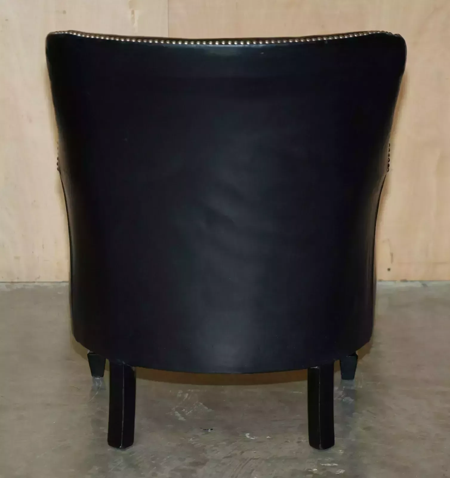 photo buy Pair Of Vintage Black Leather Tub Club Armchairs With Hand Studded Upholstery