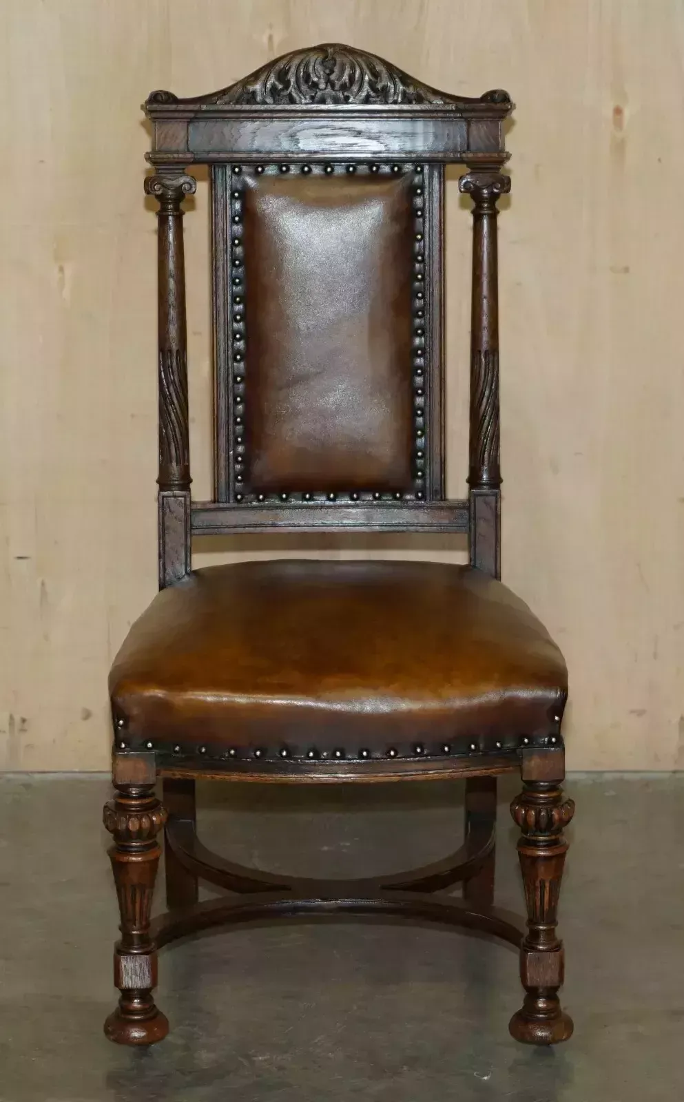 Two Antique Italian Grand Tour Corinthian Pillar Brown Leather Side Hall Chairs photo for sale