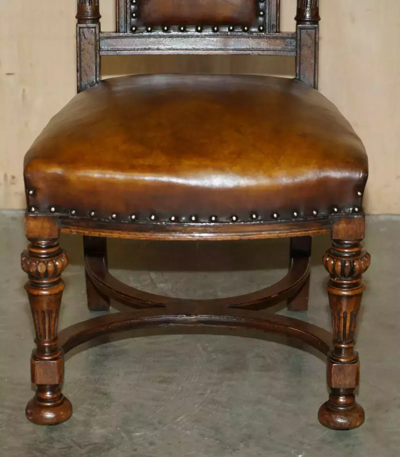 photo for sale Two Antique Italian Grand Tour Corinthian Pillar Brown Leather Side Hall Chairs
