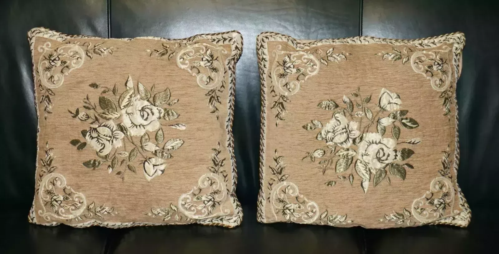 Pair Of Decorative Folded Floral Sofa Armchair Cushions Embroidered Upholstery