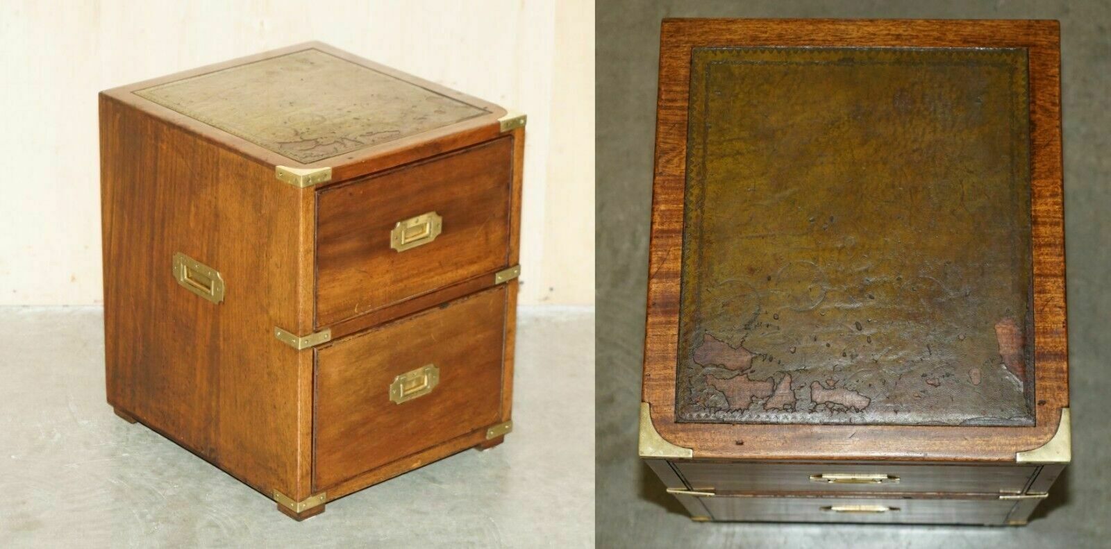 Vintage Miliary Campaign Side End Lamp Wine Bedside Table Chest With Drawers