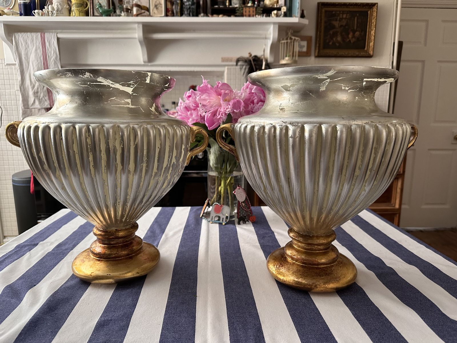 photo furniture Large Hand Blown Glass Pair If Urns Silver And Gold Gilt By Rose Tattoo