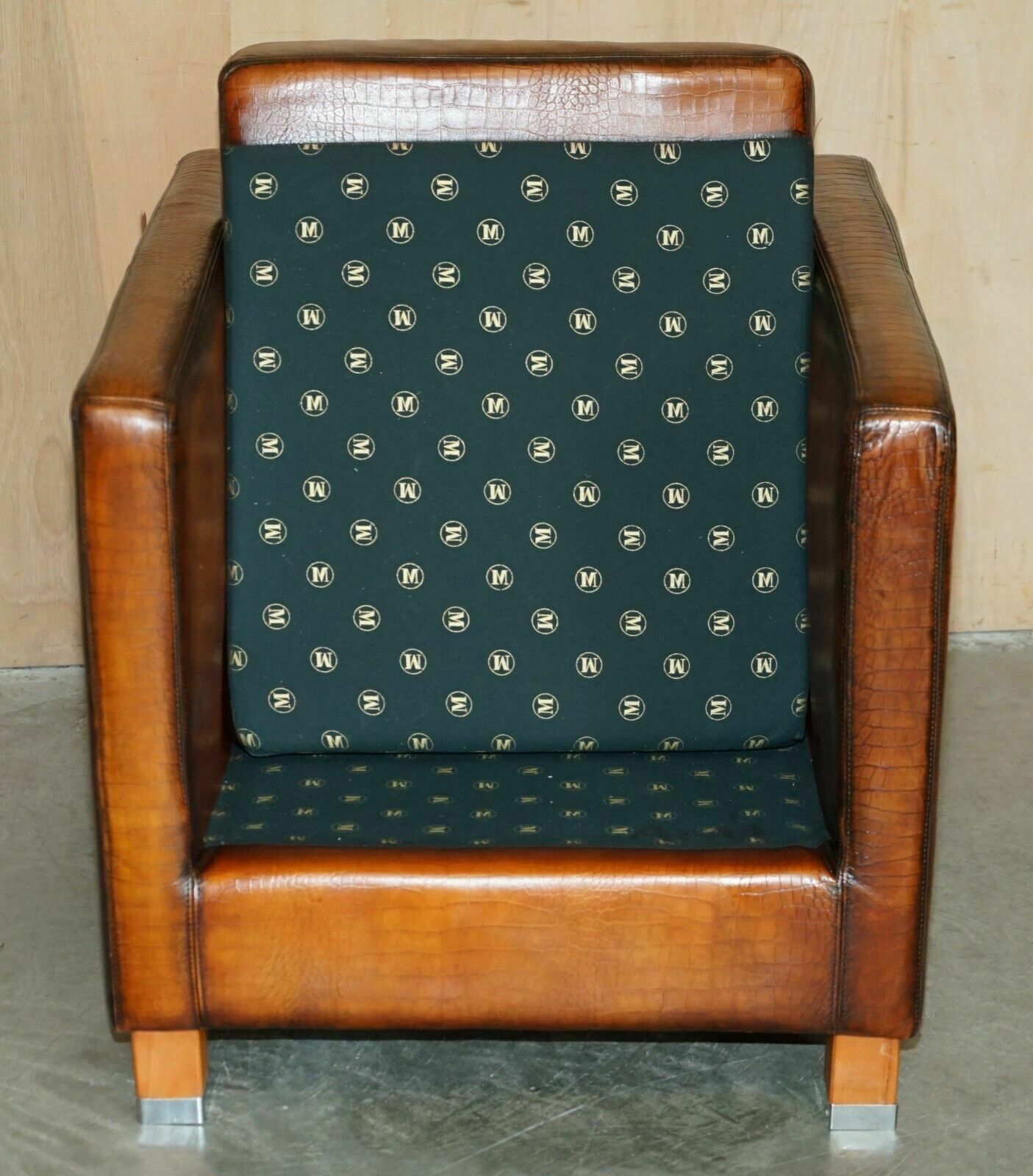 photo vintage Restored Pair Of Moroso Crocodile Alligator Patina Brown Leather Club Armchairs