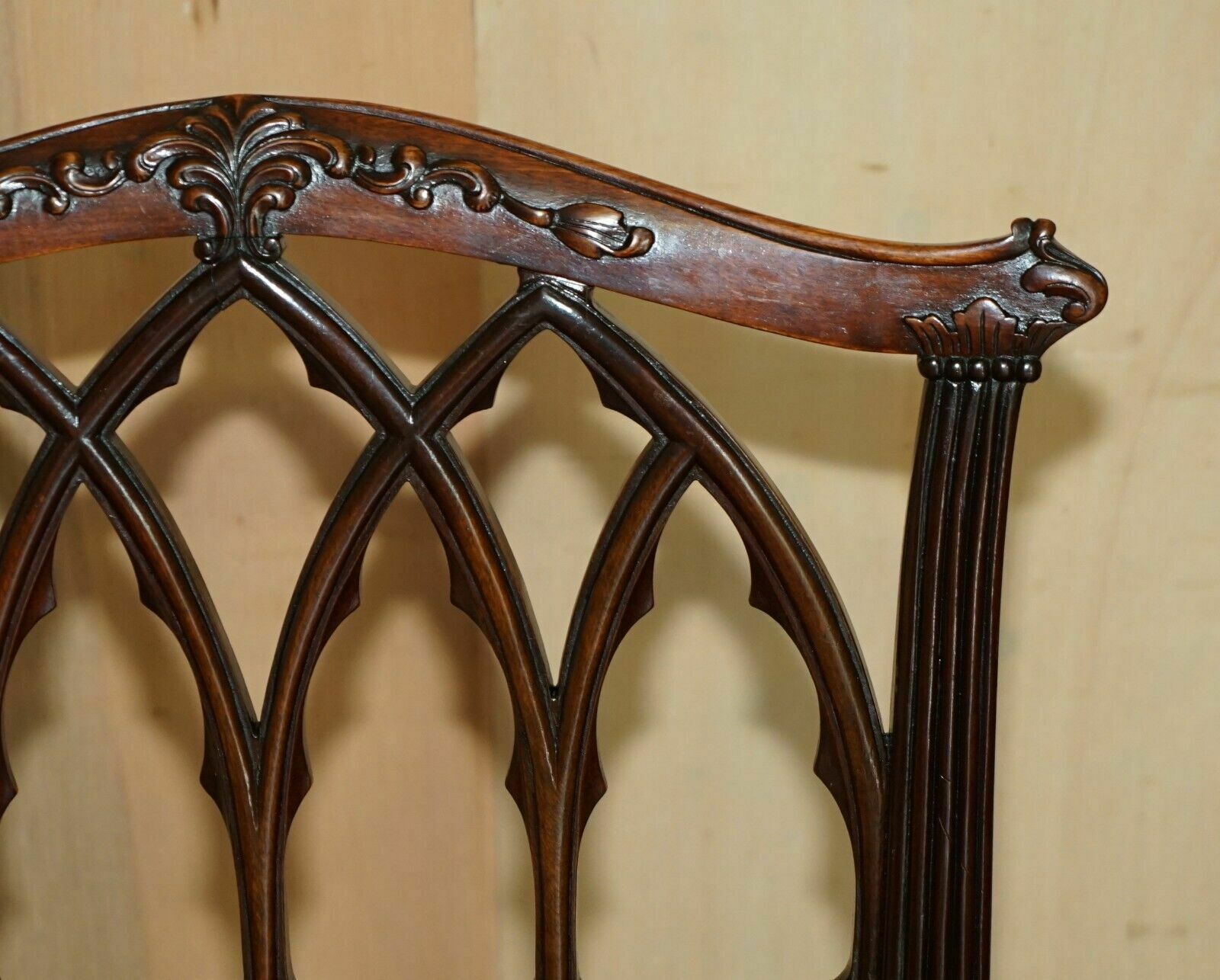 photo for sale Four Antique Circa 1900 English Thomas Chippendale Gothic Revival Dining Chairs
