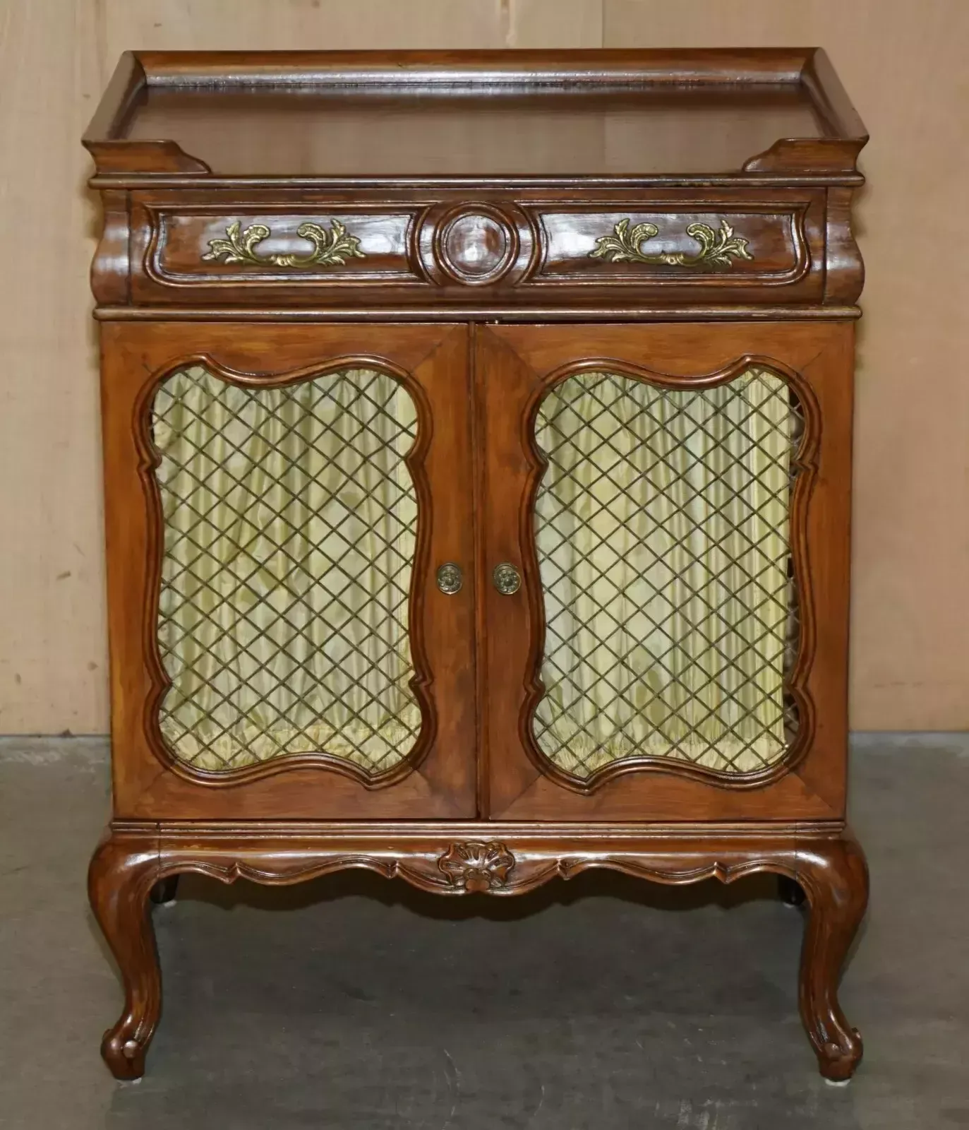 Pair Of Vintage French Walnut Pierced Brass & Silk Side Cabinets With Drawers photo for sale