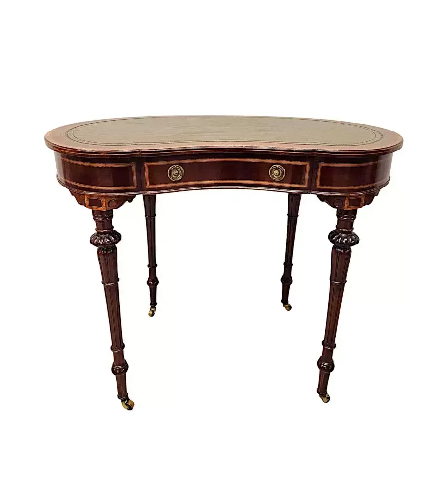 A Very Rare Late 19th Century Inlaid Leather Top Kidney Shape Desk Labelled 'Millar And Beatty Dublin'