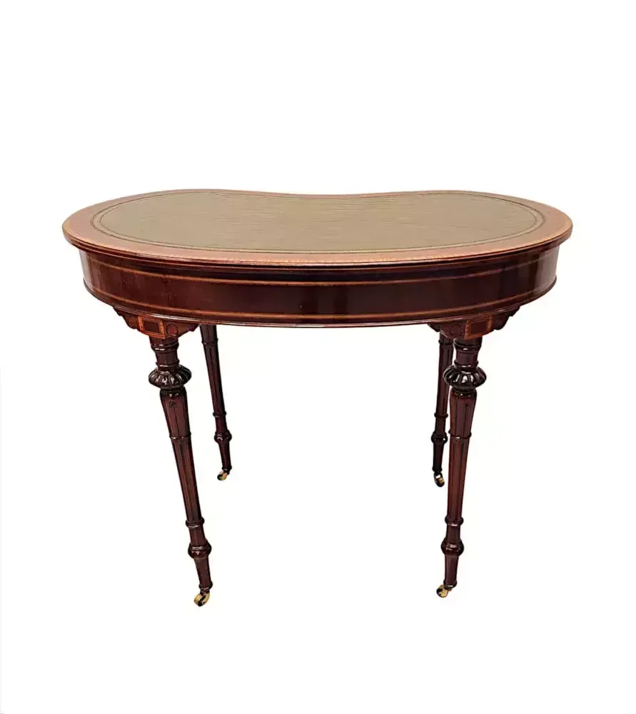 photo furniture A Very Rare Late 19th Century Inlaid Leather Top Kidney Shape Desk Labelled 'Millar And Beatty Dublin'