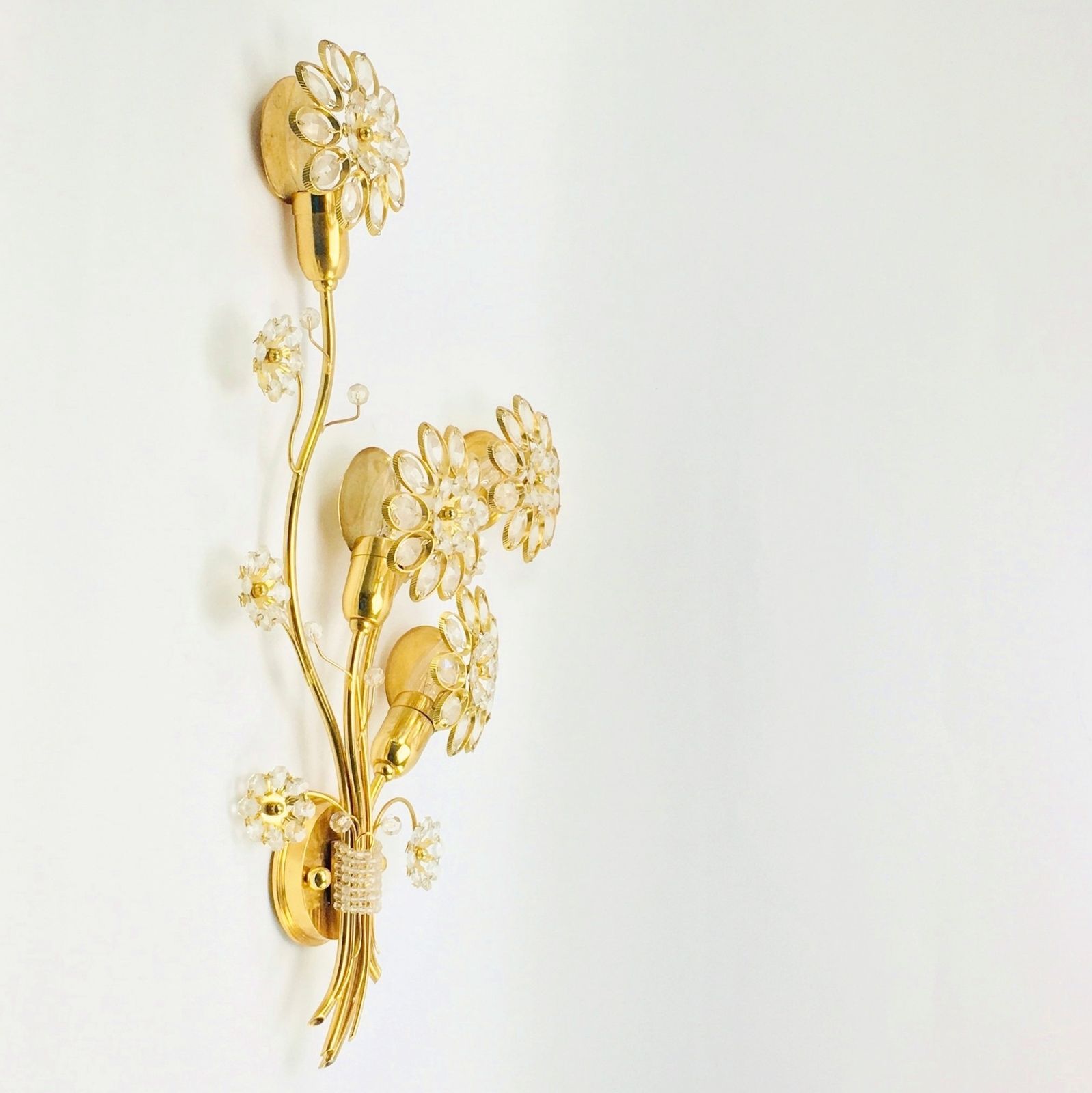 Pair Of Extra Large Mid Century Gilt Brass & Crystal Flower Shape Wall Lights From Palwa, Germany, 1960s/1970s photo Lighting