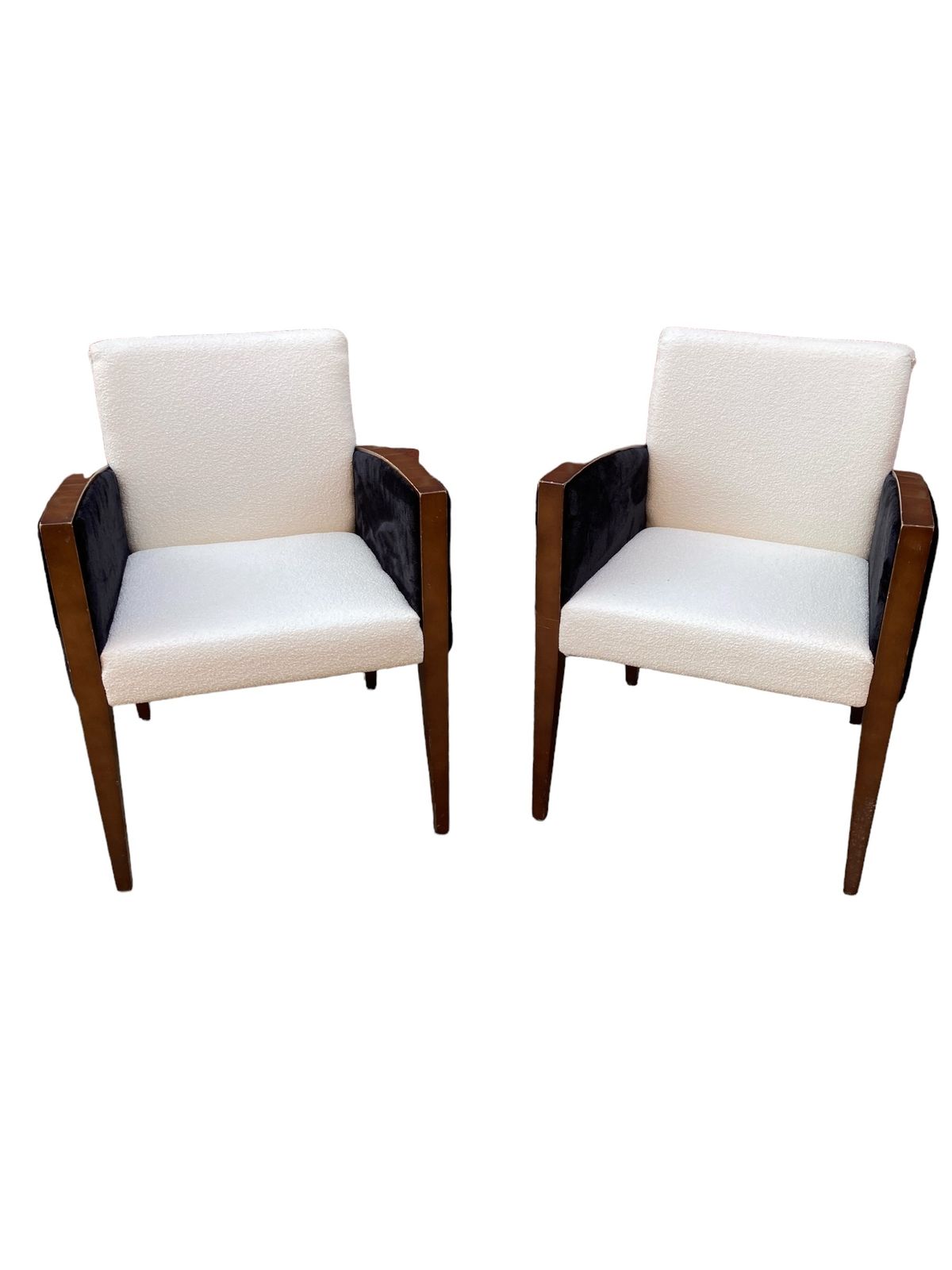 A Pair Of Art Deco Style Armchairs, Reupholsterd In White Boucle Fabric, Black Velvet Sides photo vinterior