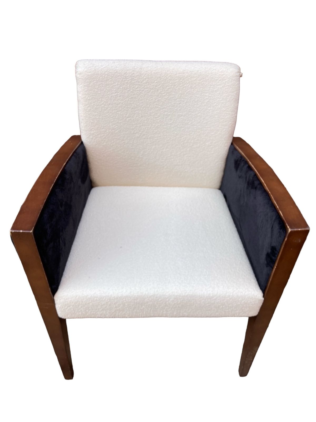 photo furniture A Pair Of Art Deco Style Armchairs, Reupholsterd In White Boucle Fabric, Black Velvet Sides