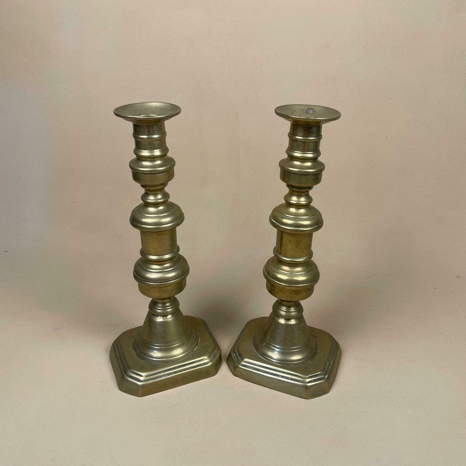 Antique Matching Pair Of Gold Brass Metal Candlestick Candle Stick Vintage Column Taper Dinner Candlesticks Rectangle Base Column Pillar