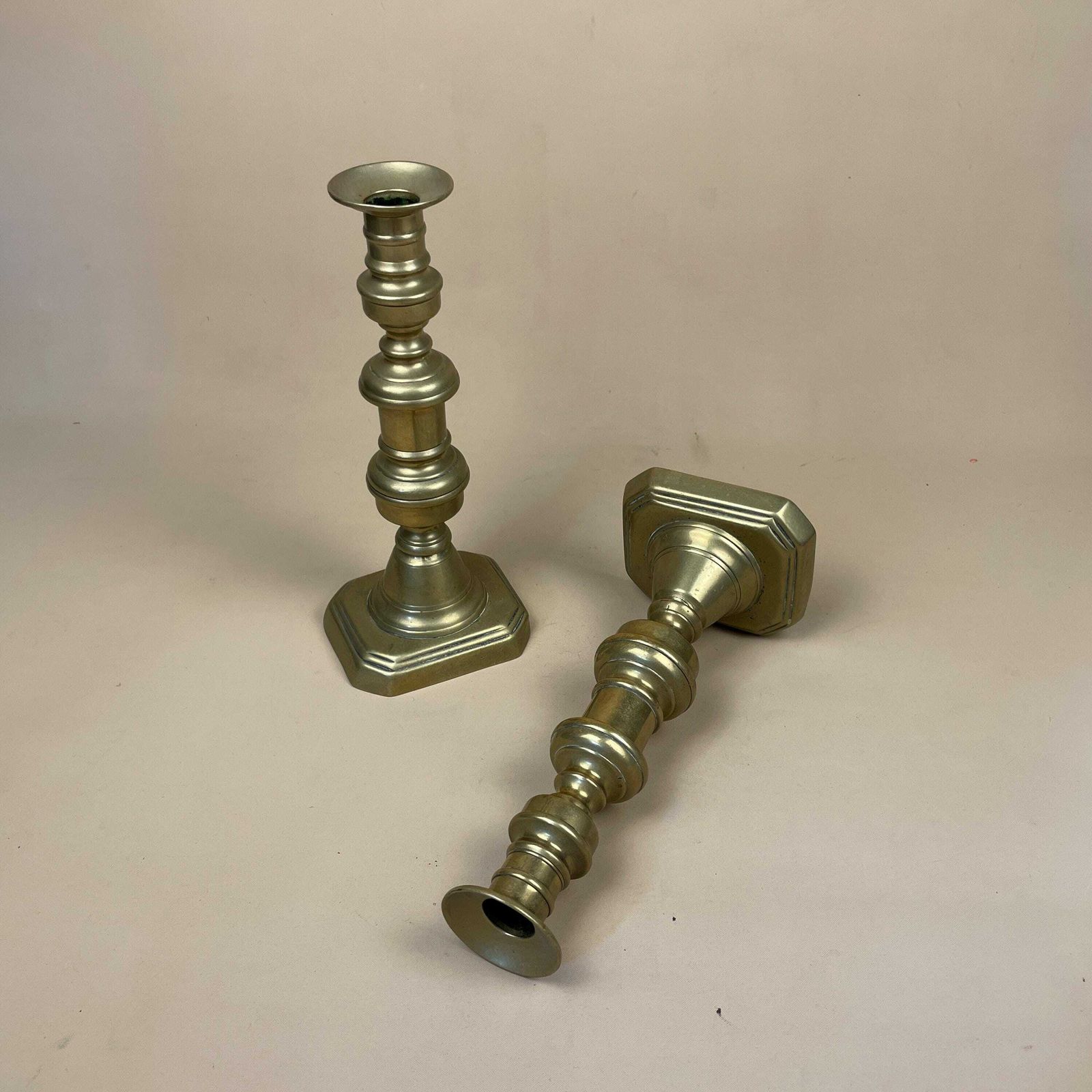 Antique Matching Pair Of Gold Brass Metal Candlestick Candle Stick Vintage Column Taper Dinner Candlesticks Rectangle Base Column Pillar photo furniture