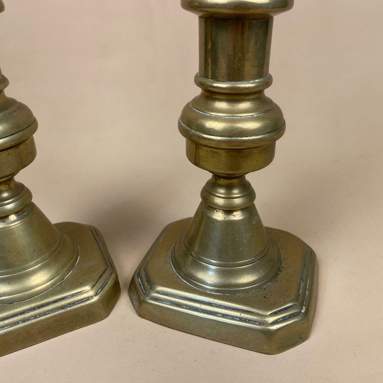 Antique Matching Pair Of Gold Brass Metal Candlestick Candle Stick Vintage Column Taper Dinner Candlesticks Rectangle Base Column Pillar photo buy
