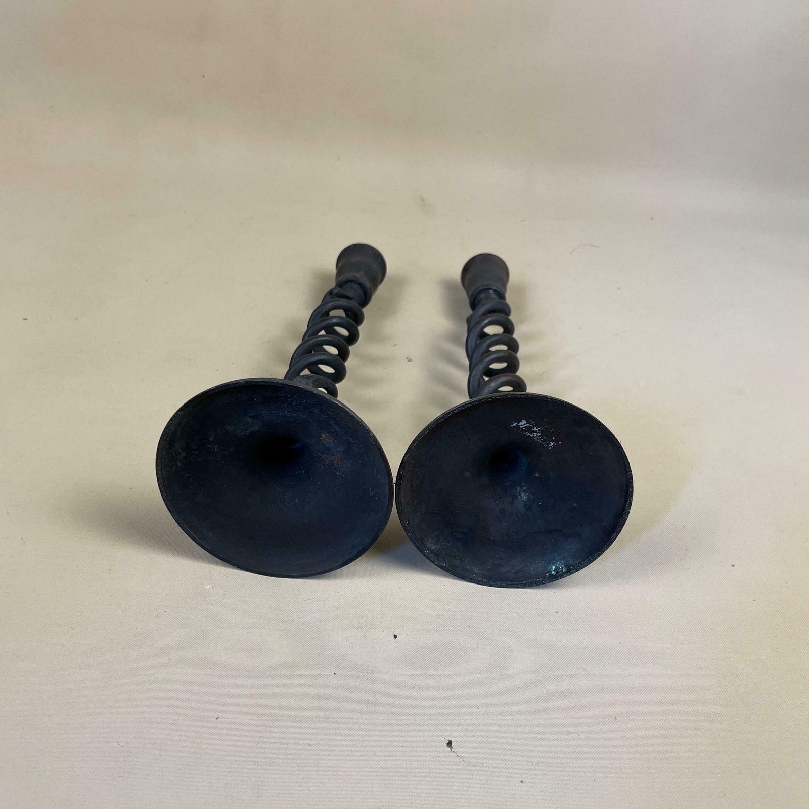 Antique Matching Pair Of Black Metal Candlestick Candle Stick Vintage Column Taper Dinner Candlesticks Twisted Twist Round Base Rustic photo 55.0