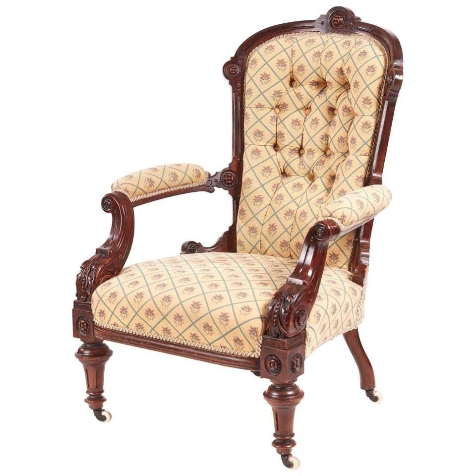 Victorian Carved Walnut Turned Leg Armchair