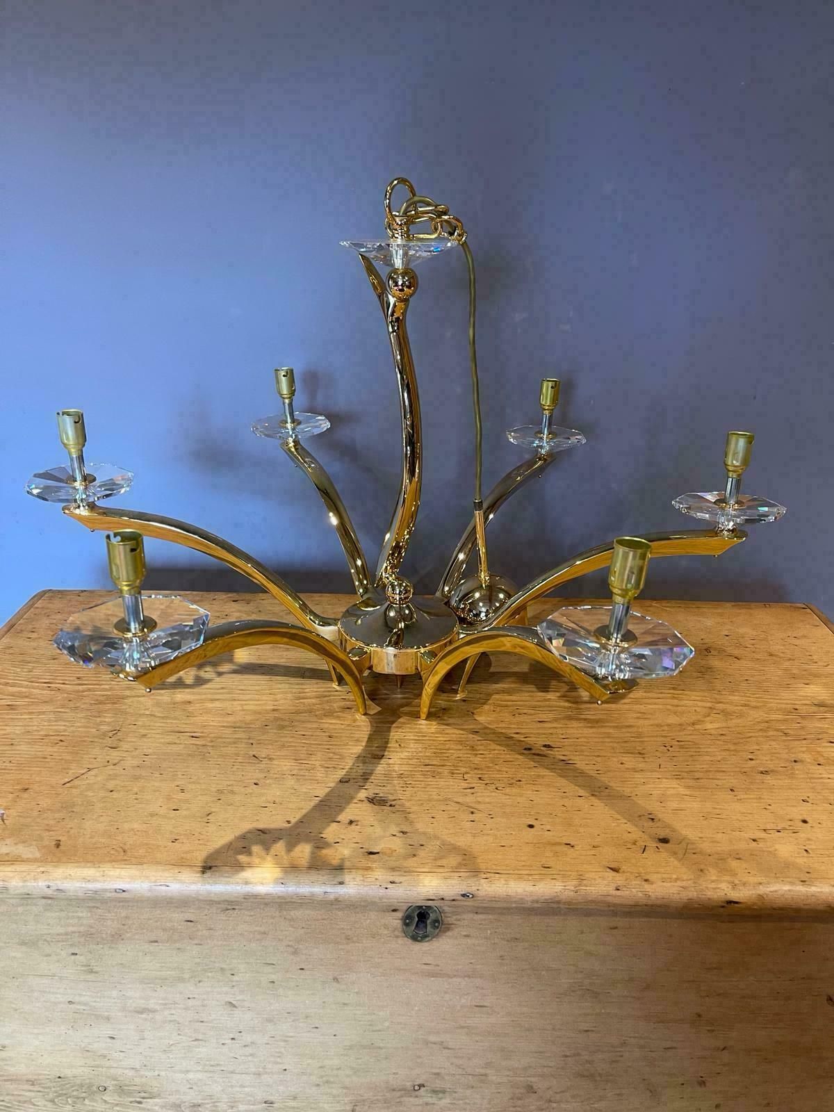 Price Reduced: 2 Matching Gold Color Metal And Crystal Contemporary Chandeliers