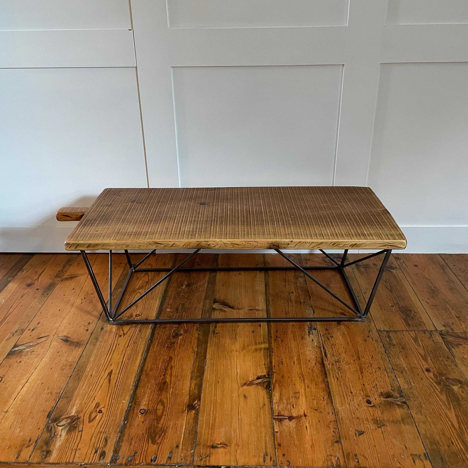 Vintage Turkish Board Antique Wooden Black Metal Legs Rectangle Coffee Table Handmade Wood Brown Rustic Farmhouse Converted photo Furniture