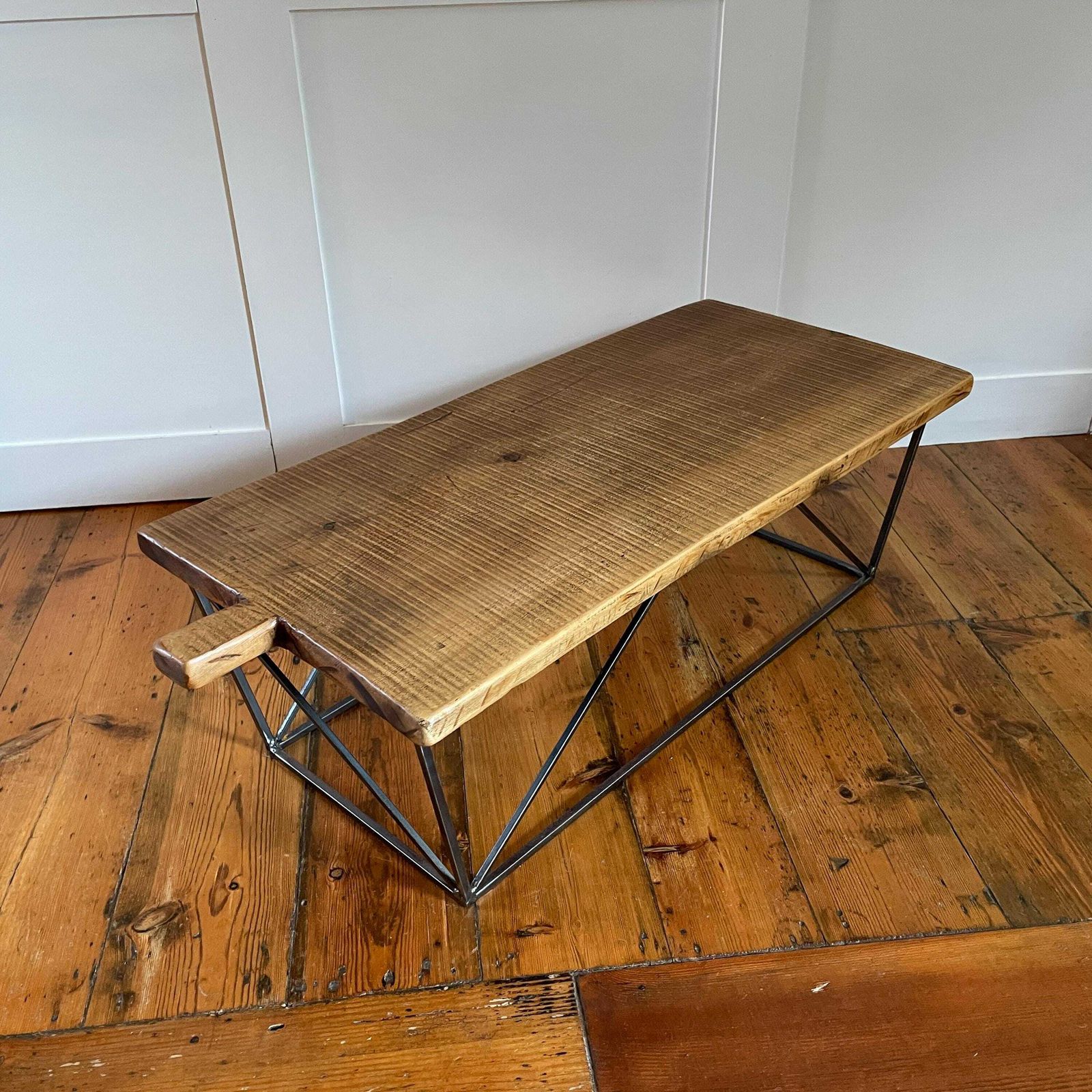 Vintage Turkish Board Antique Wooden Black Metal Legs Rectangle Coffee Table Handmade Wood Brown Rustic Farmhouse Converted photo 175.0