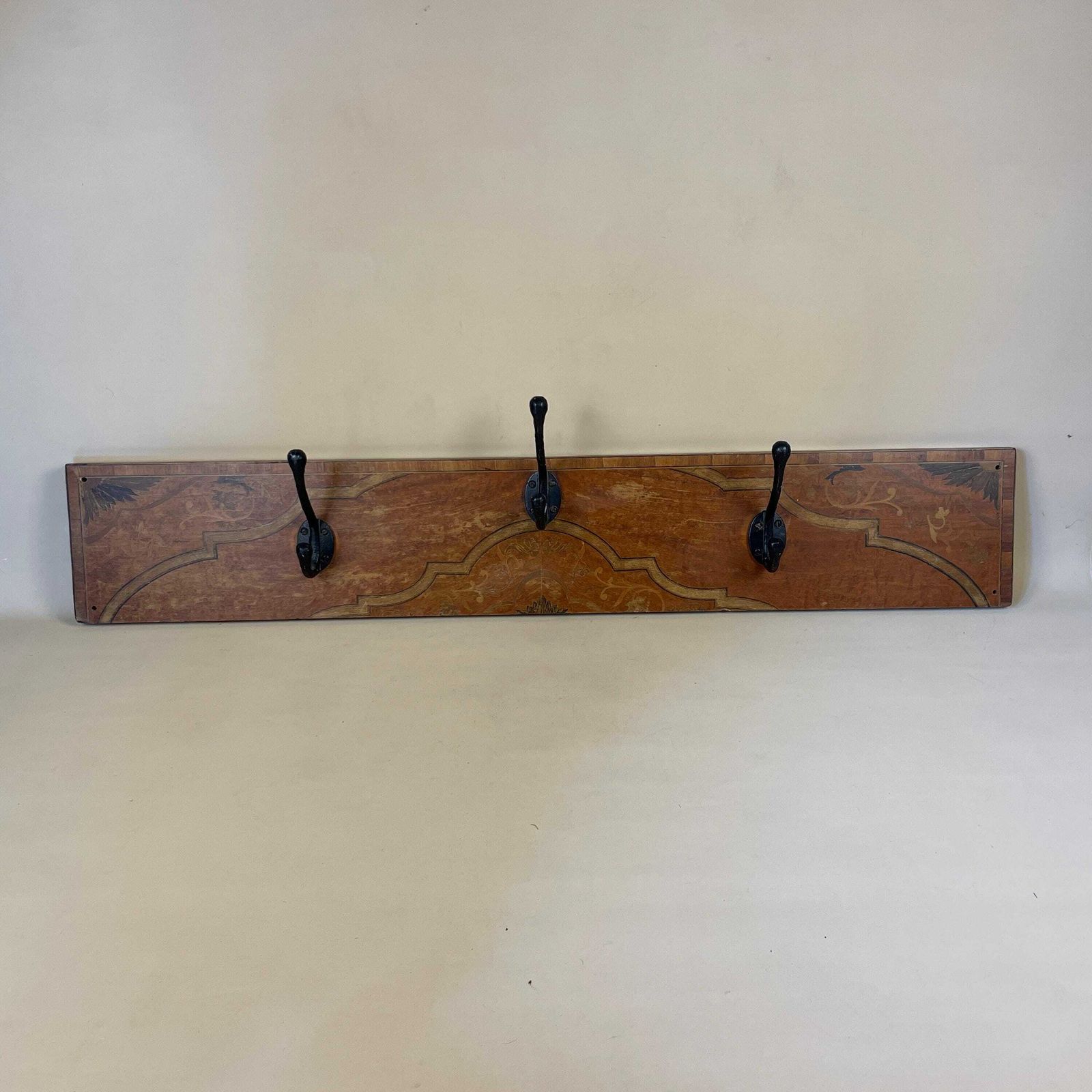 Antique Vintage Wooden Wall Coat Room Hanger Rack Hook Farmhouse Brown 3 Hooks Rail Cottage Mud Room Hallway Storage Wood Marquetry Handmade photo furniture