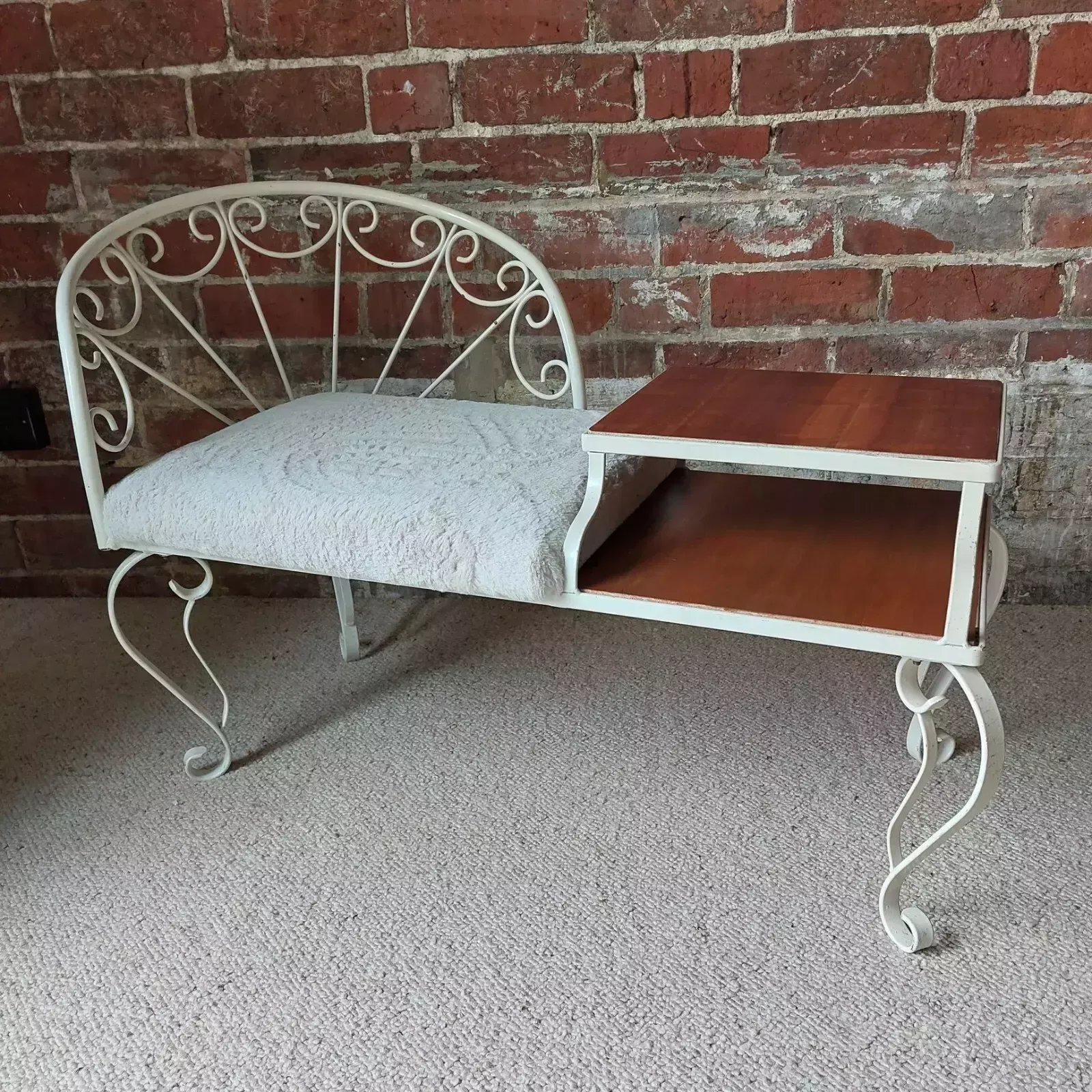 Fab Vintage Retro Mid Century Metal Telephone Table Seat Off White Faux Fur Teak