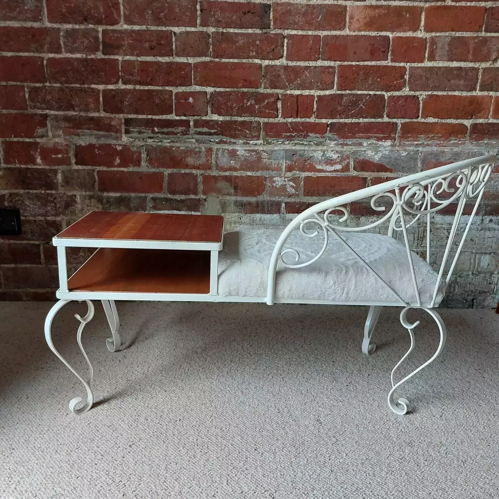 175.0 Fab Vintage Retro Mid Century Metal Telephone Table Seat Off White Faux Fur Teak photo