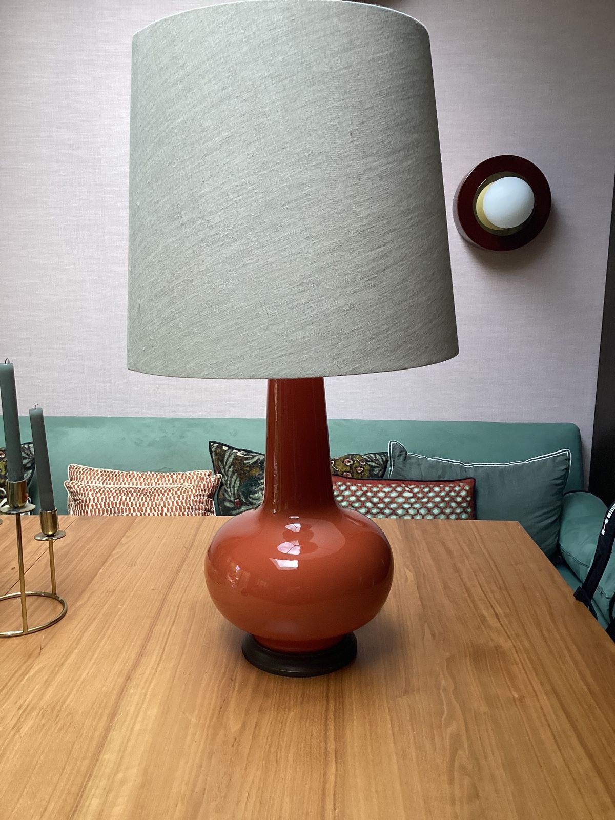 Porta Romana, Sybil Table Lamp In Paprika With Cream Card, Natural Linen Shade