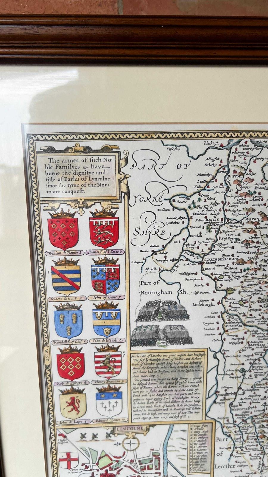 17th Century Lincolnshire   “The Countie And Citie Of Lyncolne” Map   1900’s Hand Coloured Reproduction photo Art