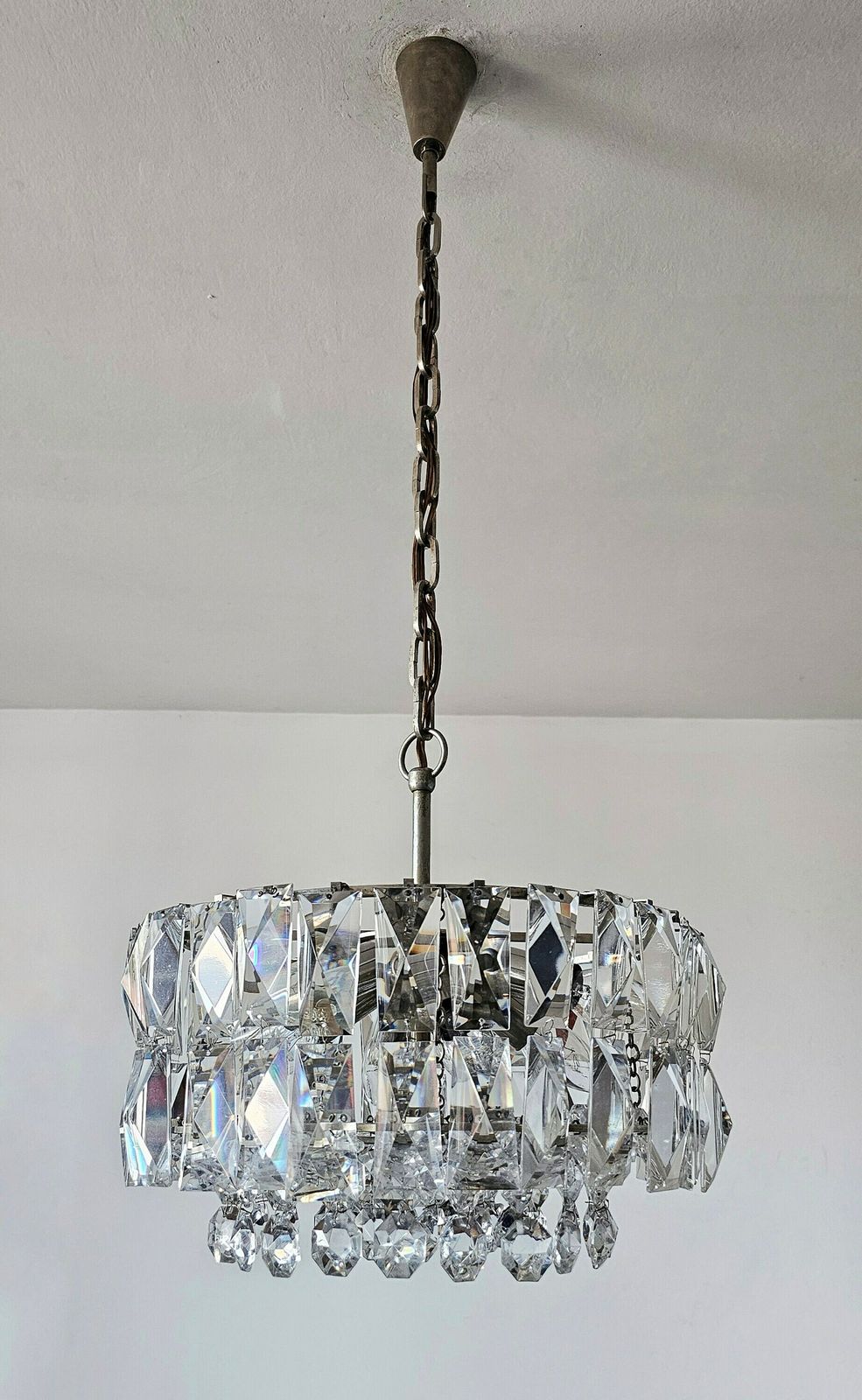 1 Of 3 Mid Century Modern Nickel Plated Crystal Chandelier By Bakalowits And Sohne // Made In Austria In 1960s photo vintage