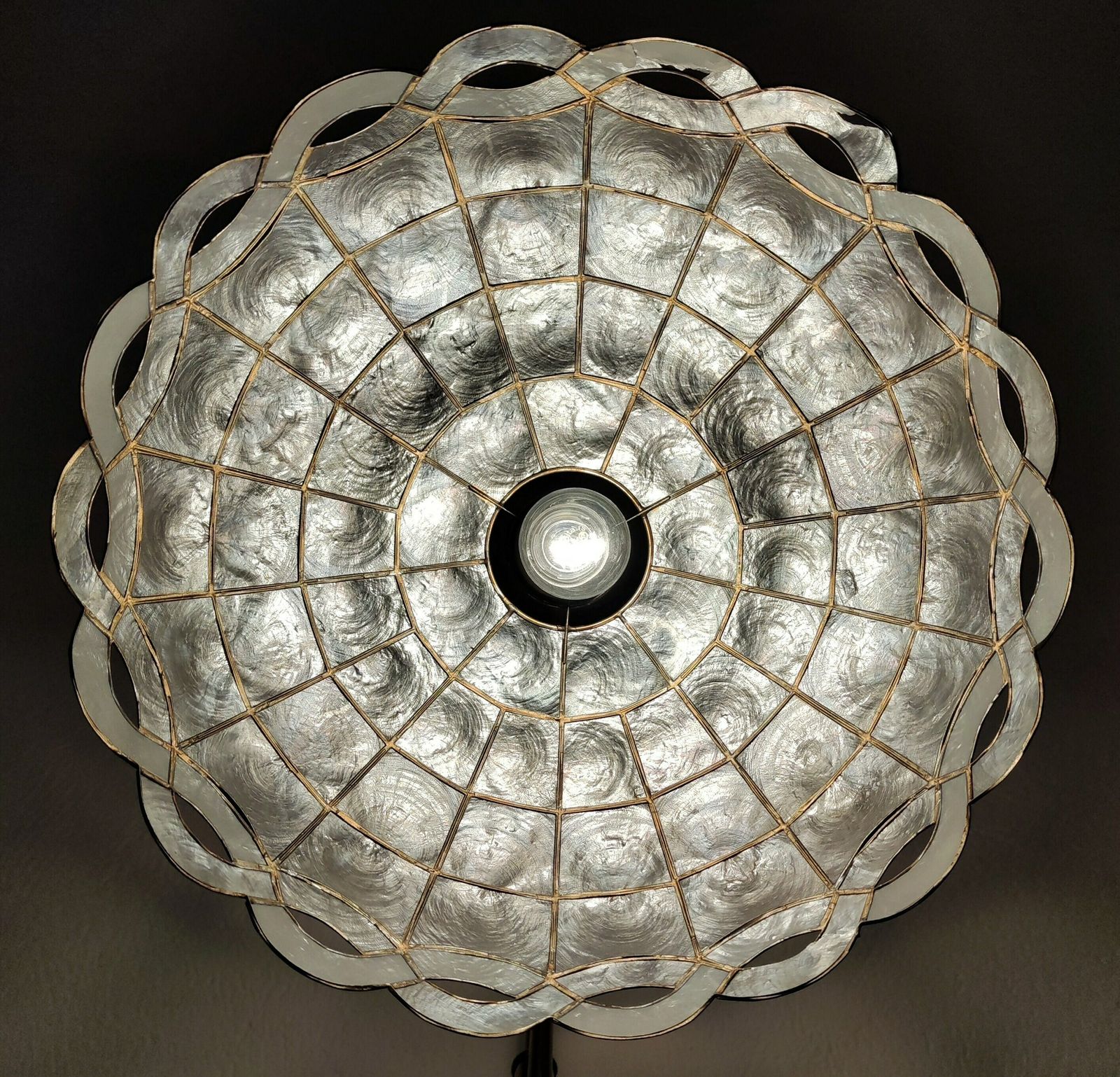 Mid Century Modern Floor Lamp Done In Brass With Capiz Shell Shade // Made In West Germany In 1970s photo vinterior