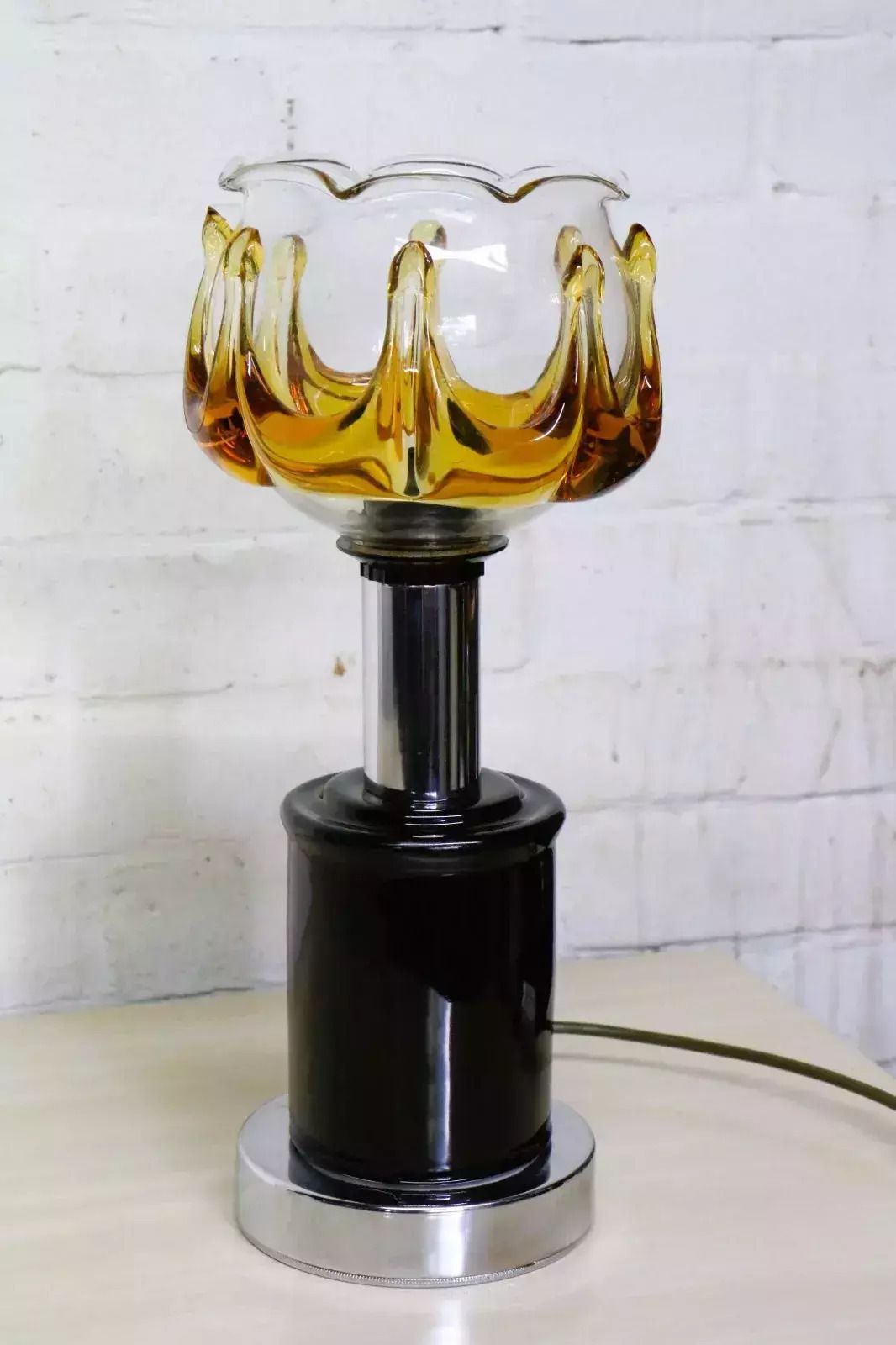 Vintage Table Lamp Italian Retro Lamp & Glass Lampshade 1970's Mid Century Mod. photo Lighting