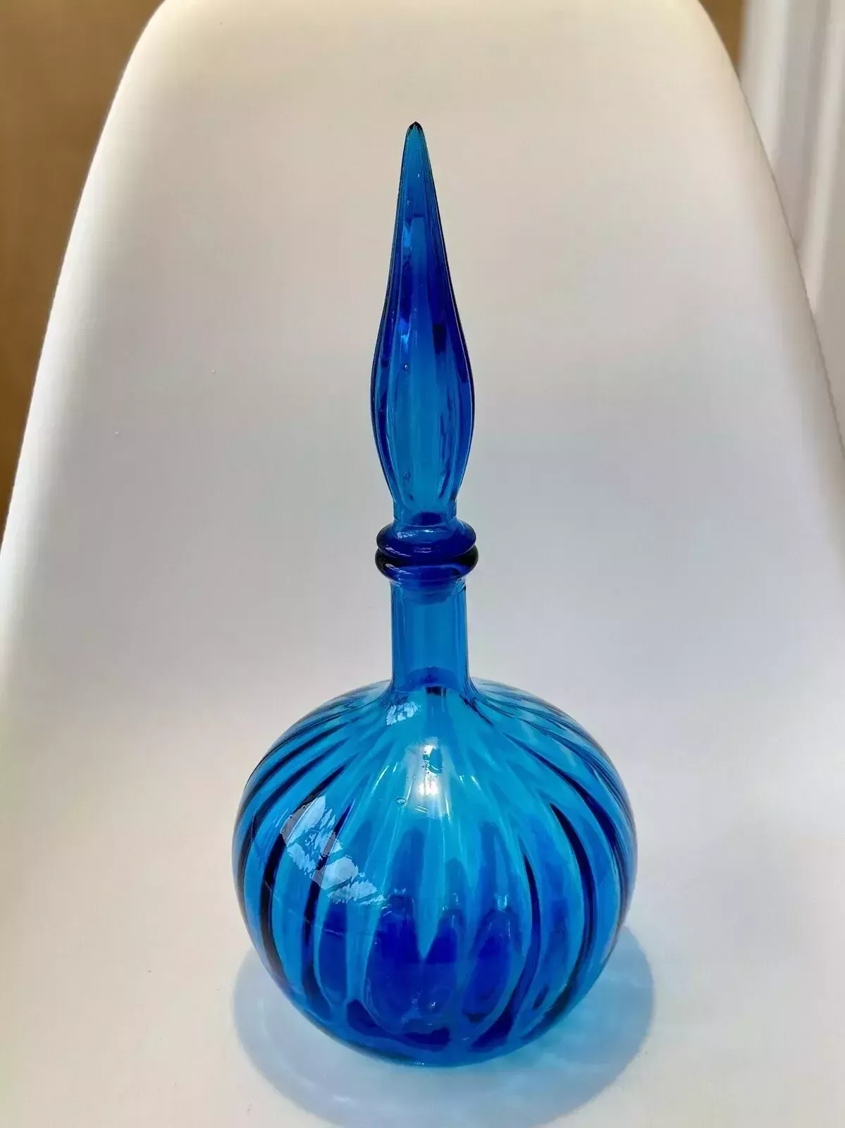 photo furniture Stunning 1960’s Blue Empoli Glass Onion Shaped Genie Bottle Made In Italy