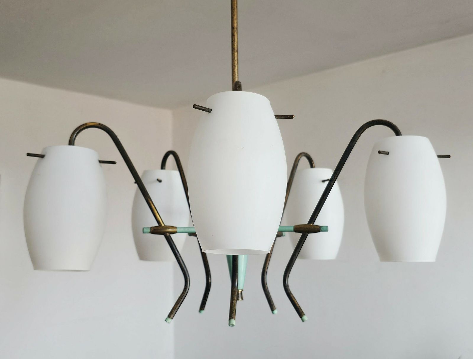 Very Rare 5 Arm Chandelier By Stilux Milano With Opaline Glass Shades // Made In Italy In 1950s photo furniture