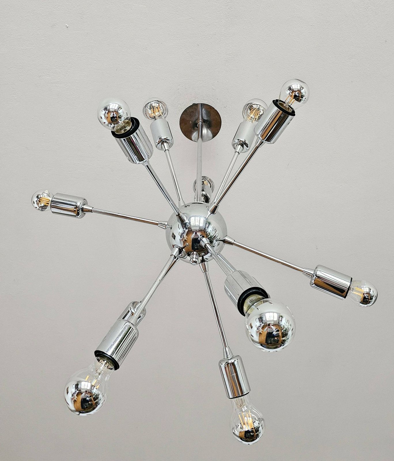 12 Arm Sputnik Chandelier Done In Chrome // Made In Austria In 1980s photo for sale