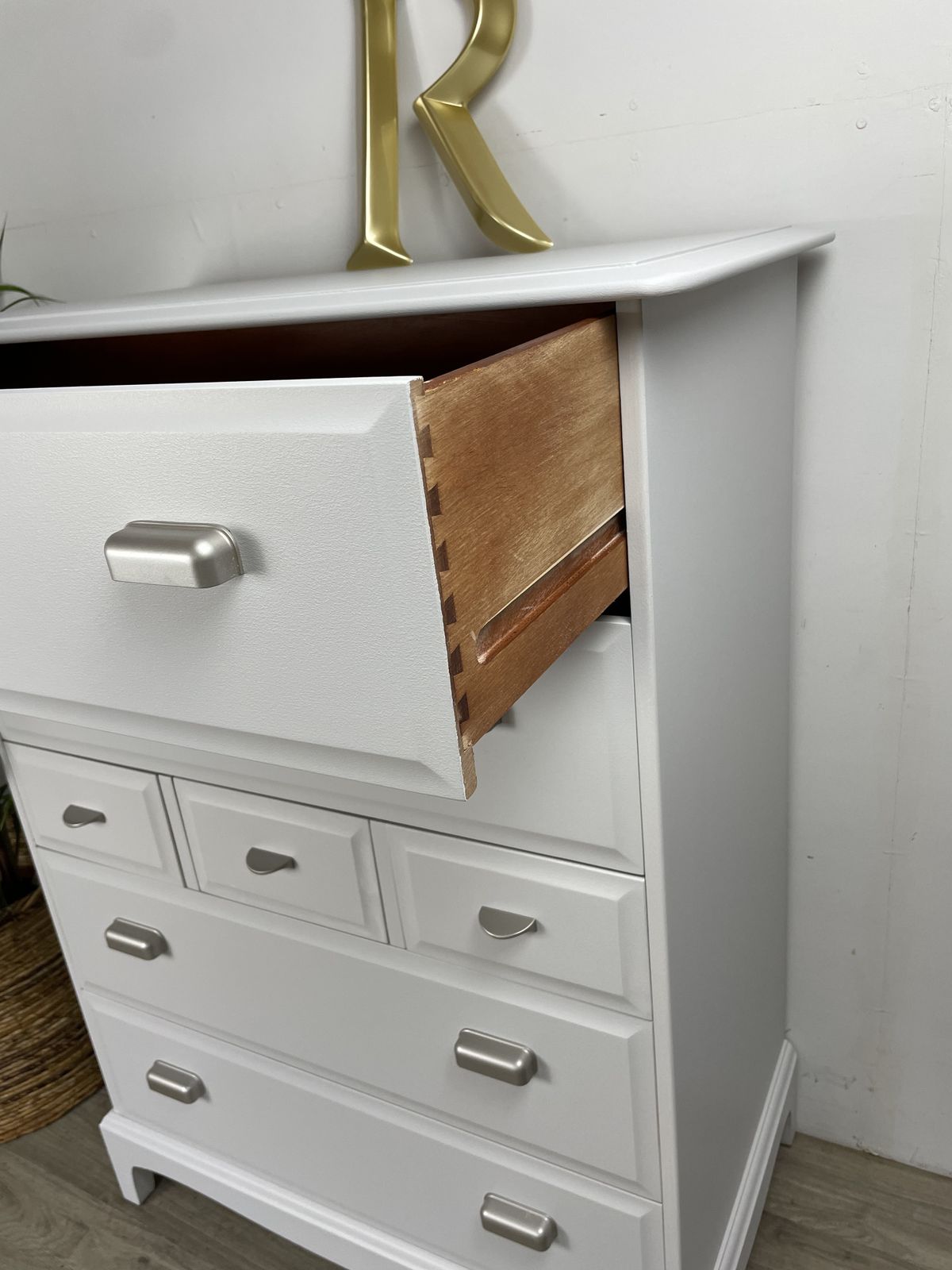 Stag Minstrel Tallboy Chest Of Drawers Painted Pale Grey photo for sale