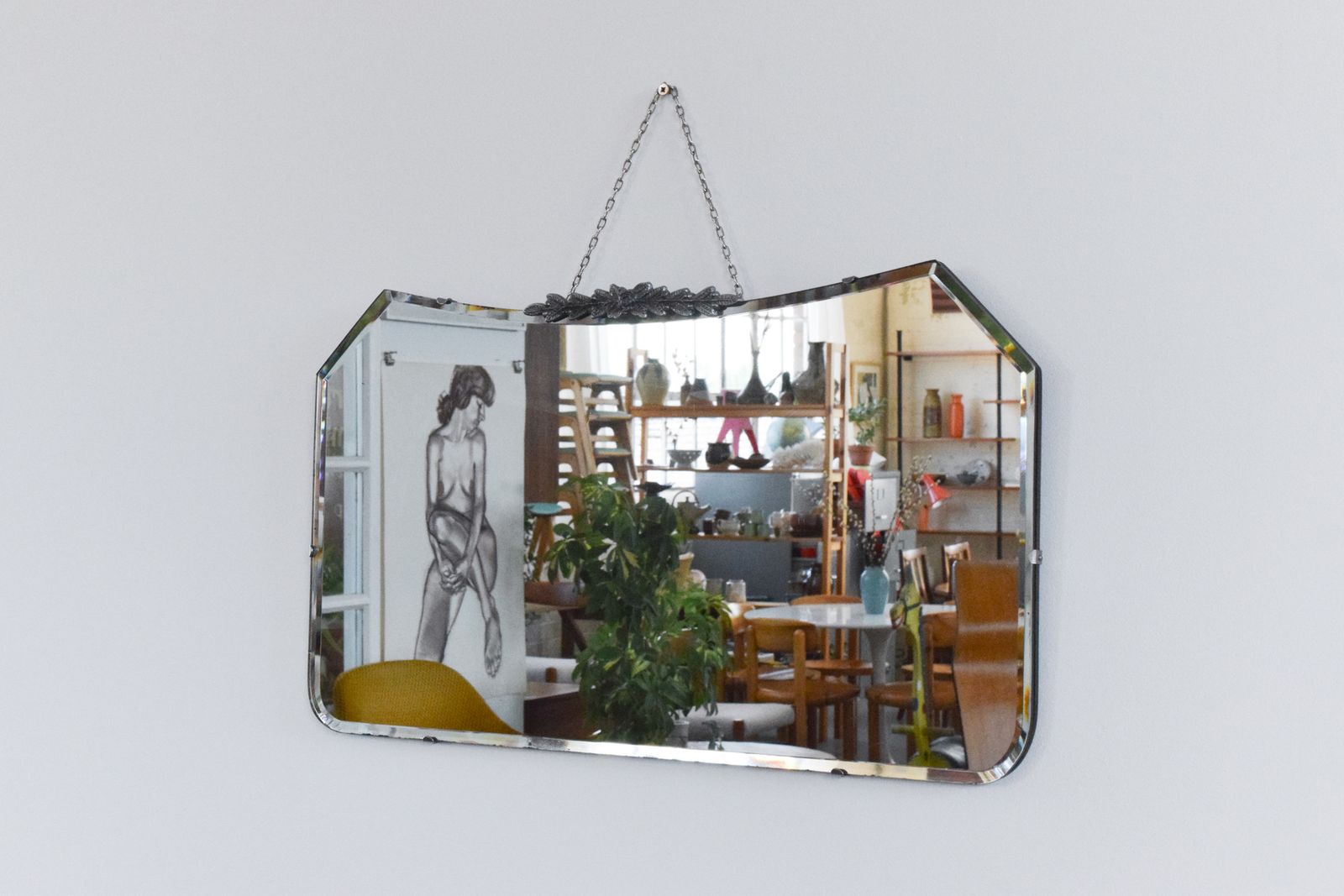 Vintage Frameless Bevelled Mirror With Floral Rose Finial photo vinterior