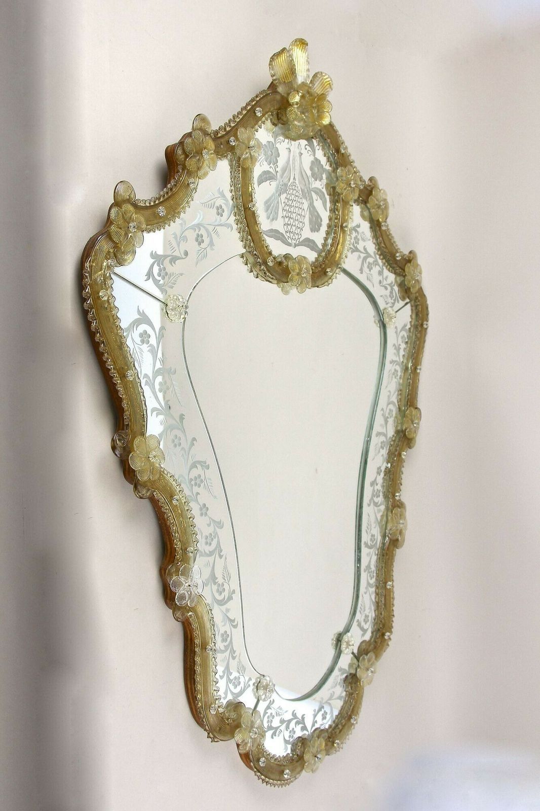 Mid Century Murano Glass Wall Mirror With Gilt Glass Flowers, It Ca. 1950 photo furniture