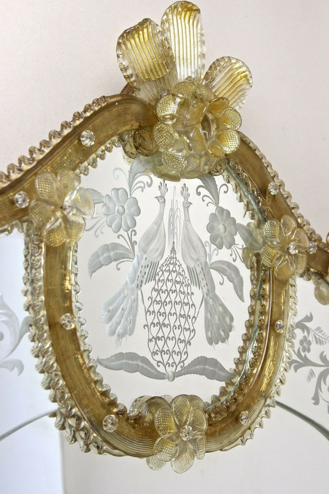 Mid Century Murano Glass Wall Mirror With Gilt Glass Flowers, It Ca. 1950 photo Home Decor