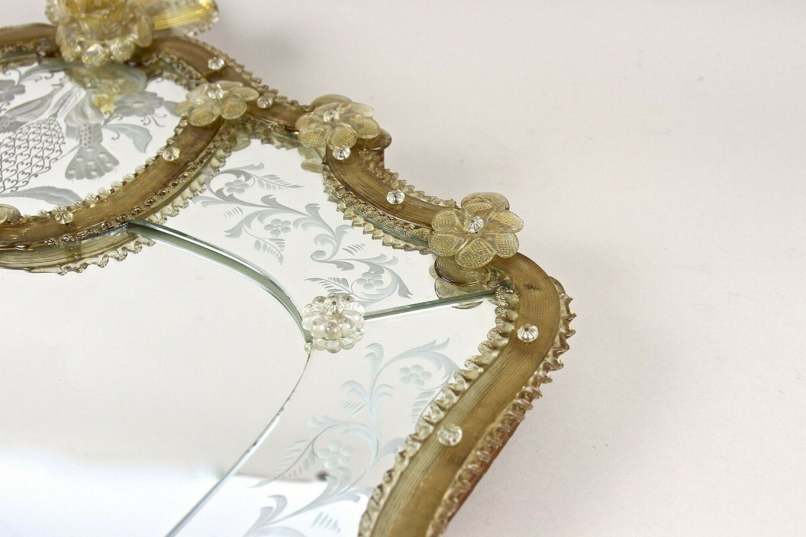 photo for sale Mid Century Murano Glass Wall Mirror With Gilt Glass Flowers, It Ca. 1950
