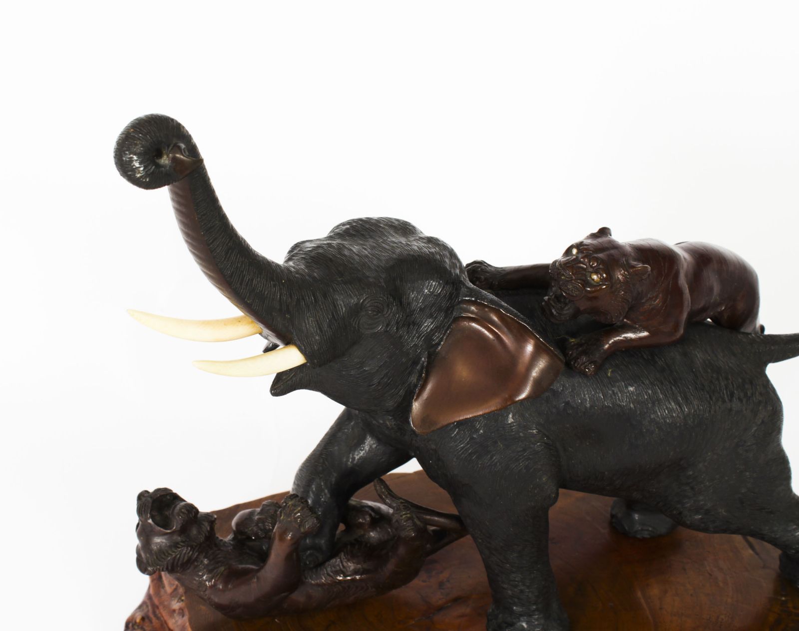 Antique Large Japanese Bronze Elephant & Tigers  Meiji Period  19th C photo for sale