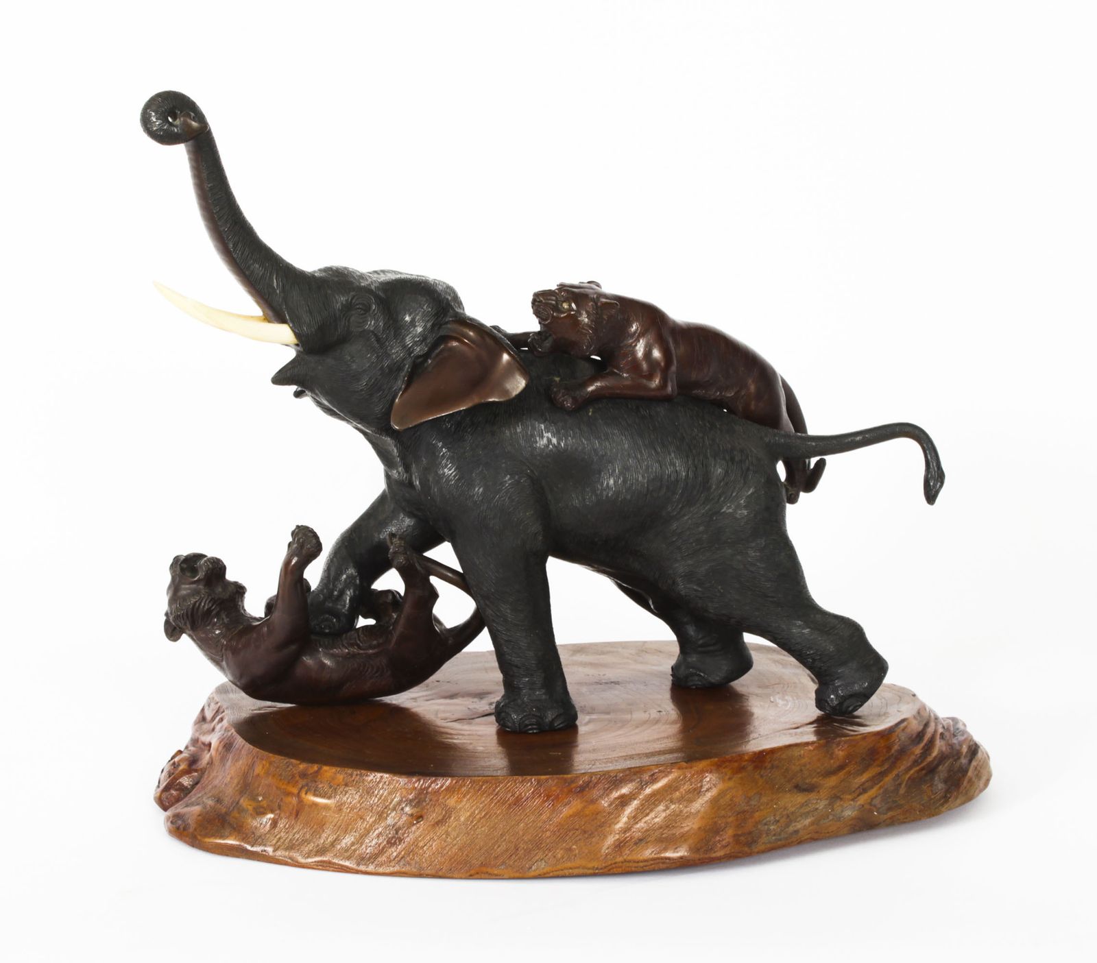 Antique Large Japanese Bronze Elephant & Tigers  Meiji Period  19th C photo 3900.0