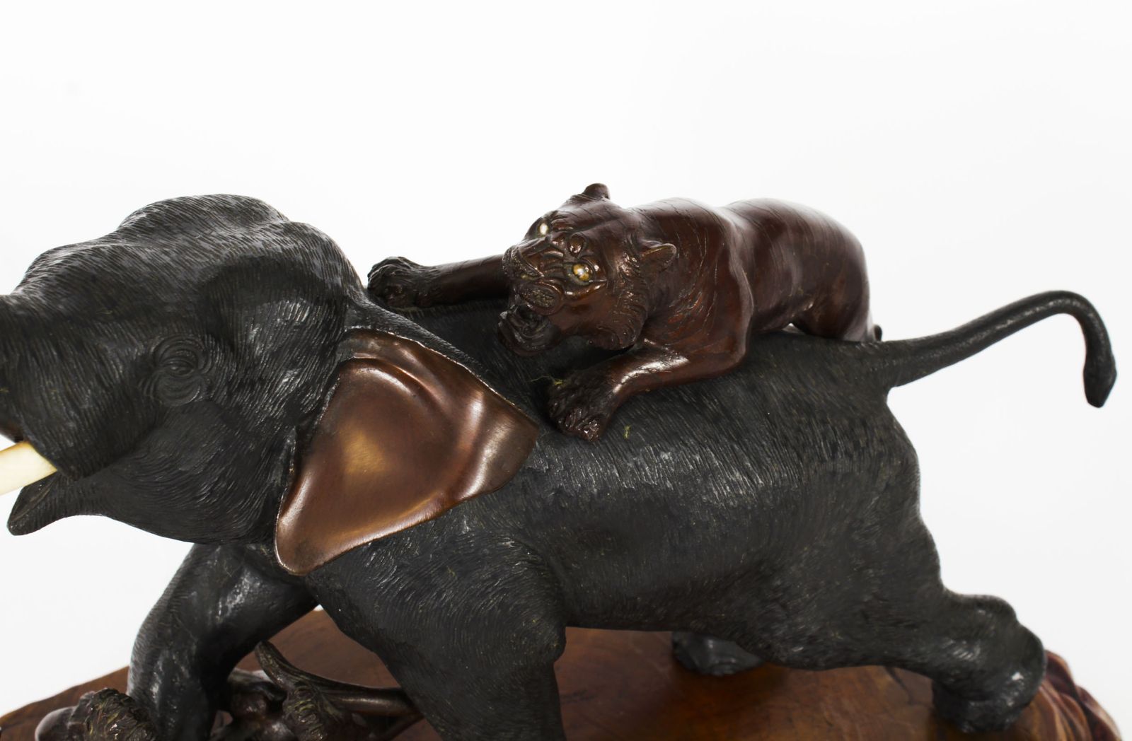 photo for sale Antique Large Japanese Bronze Elephant & Tigers  Meiji Period  19th C