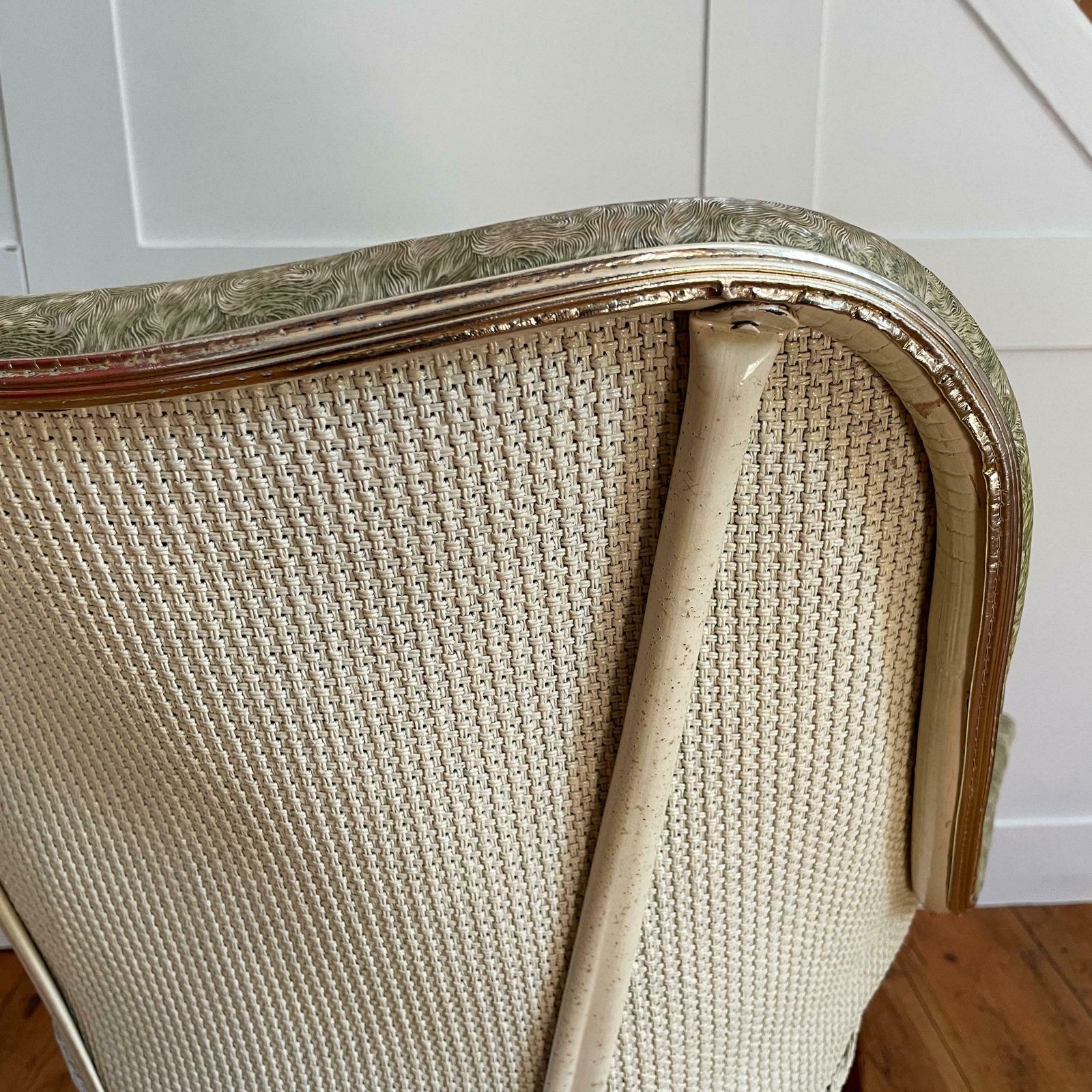Antique Vintage Retro Wicker Back Chair Seat Wooden Wood Pattern Green Armchair Seat Wood Boho Dark Brown Dinning Room Accent Mid Century photo vintage