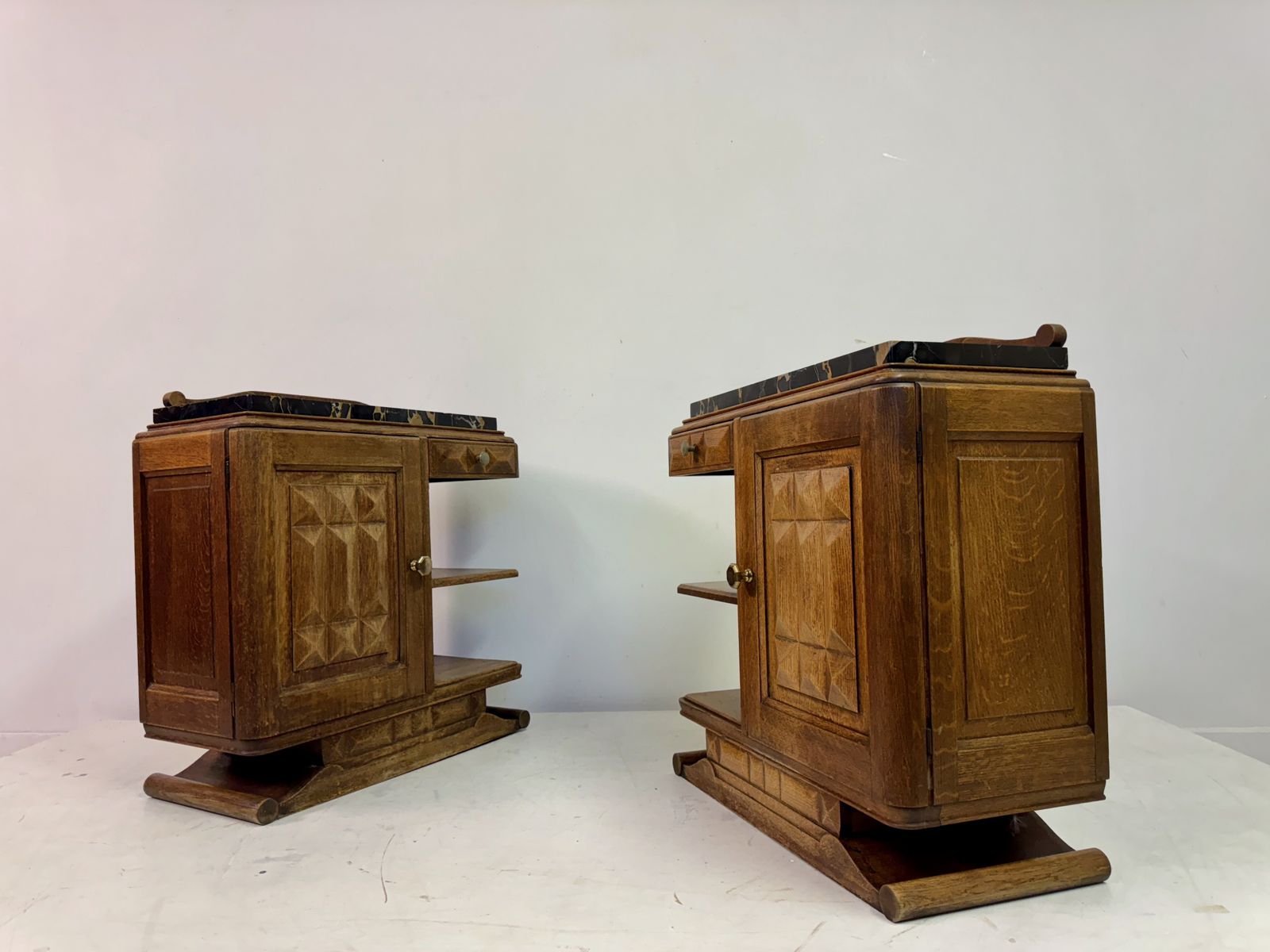 Pair Of French Oak Bedside Cabinets With Portoro Marble Tops photo vintage