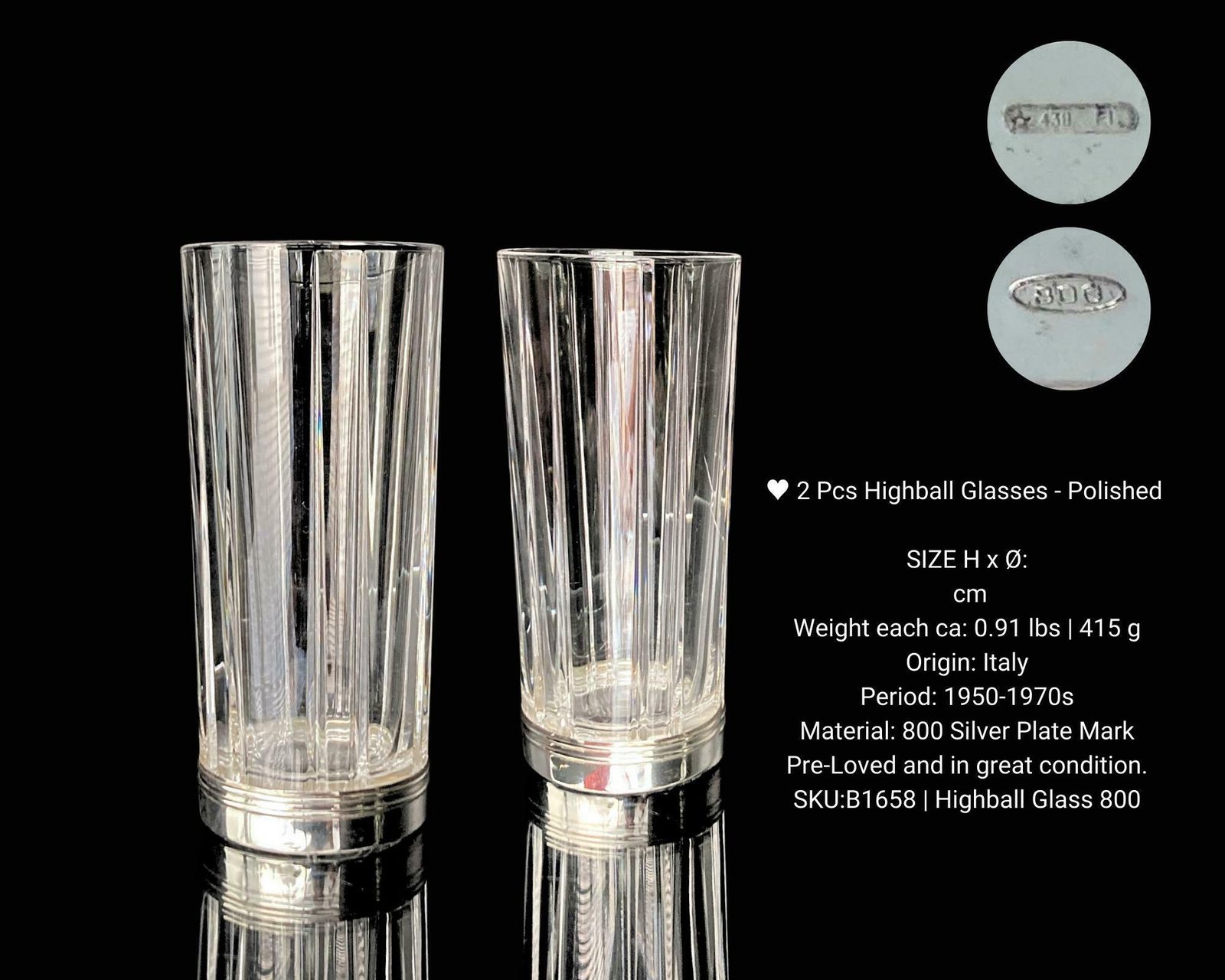 photo furniture Kristallen Whiskyglazen | 2 Stuks | 800 Zilverstempel | Italië, Jaren 1960