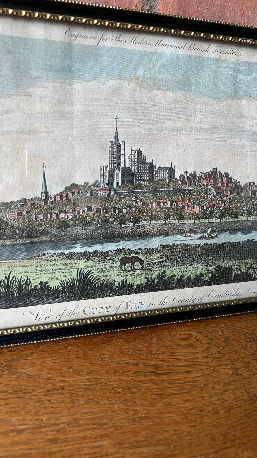 1700’s Antique Handcoloured Framed Engraving Picture Of The City Of Ely photo Art