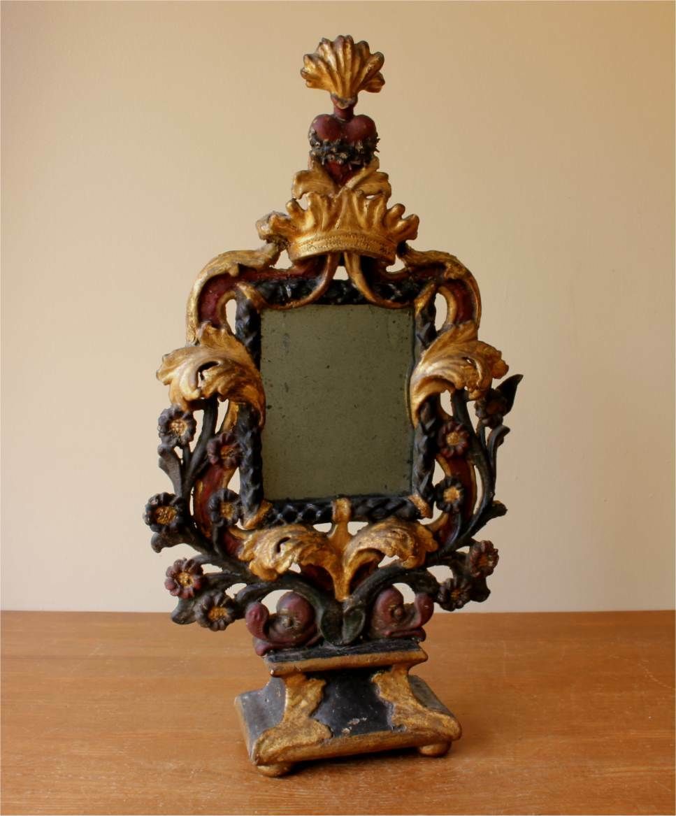 Italian Reliquary Mirror. Religious Sacred Flaming Heart Mirror. C1800. photo for sale
