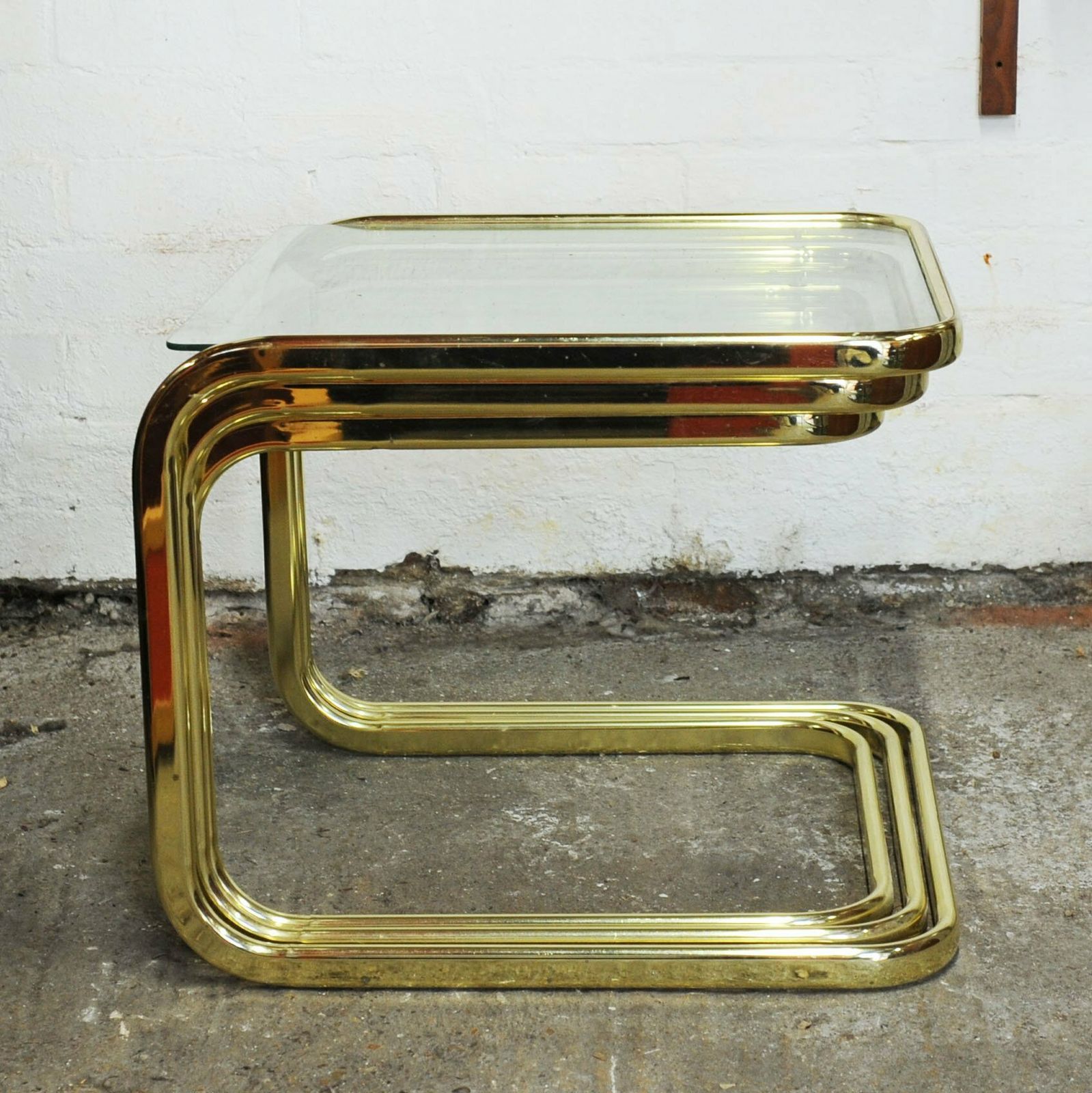 Vintage Mid Century Modern Brass Smoked Glass Nesting Tables Attributed To Milo Baughman, 1970s photo for sale