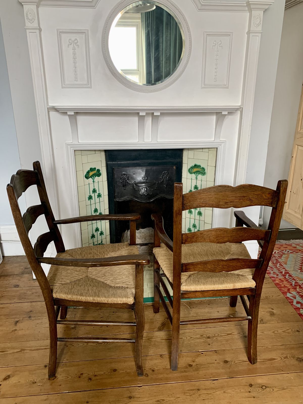Two 19th Century Oak Ladder Back Farmhouse Carver Chairs photo furniture