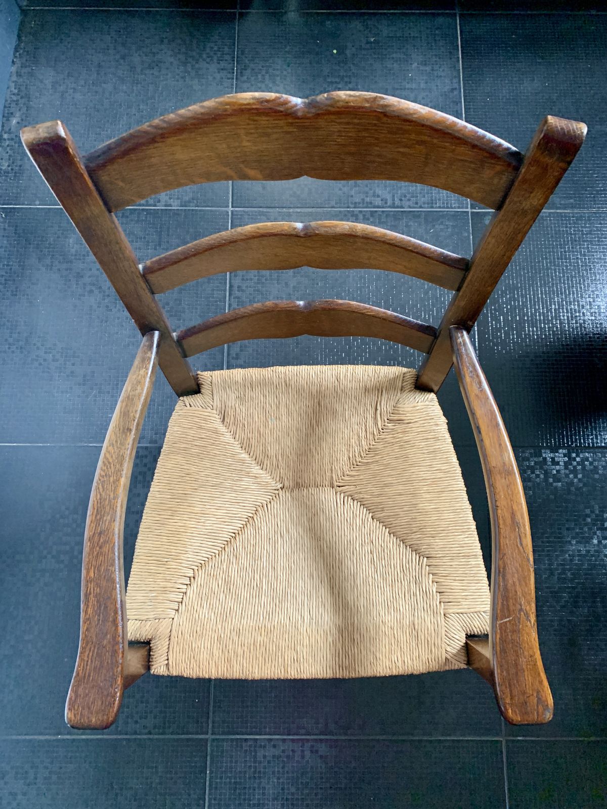 Two 19th Century Oak Ladder Back Farmhouse Carver Chairs photo for sale